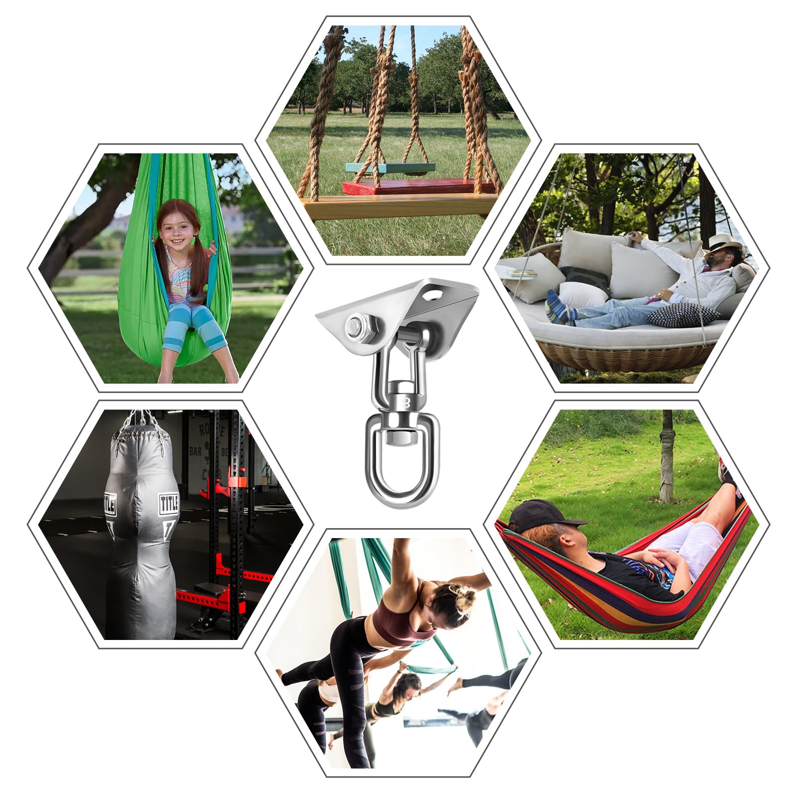 Kit para colgar hamacas, accesorios para sillas colgantes con rotación de 360° y capacidad de 1200 libras, ganchos de hamaca resistentes, kit de colgar silla hamaca y gancho de techo para soporte de 3