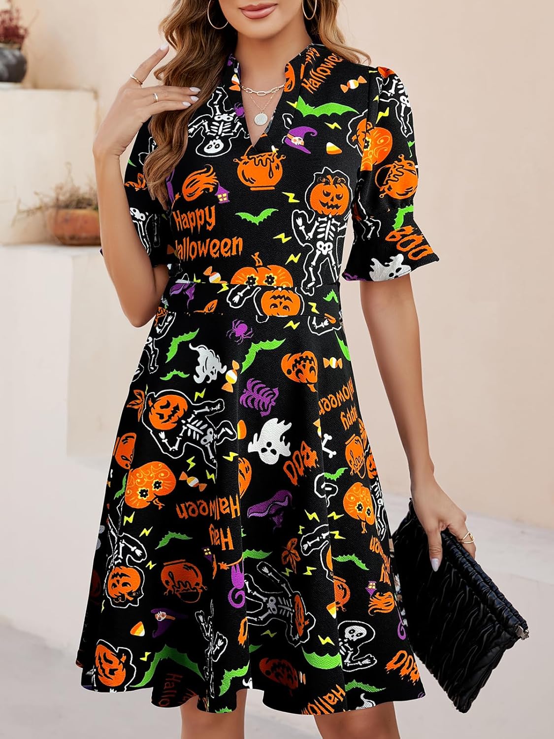 Mokayee Womens Summer V Neck Ruffle Short Sleeve Fit and Flare Knee Length Church Wedding Guest Dresses with Pockets