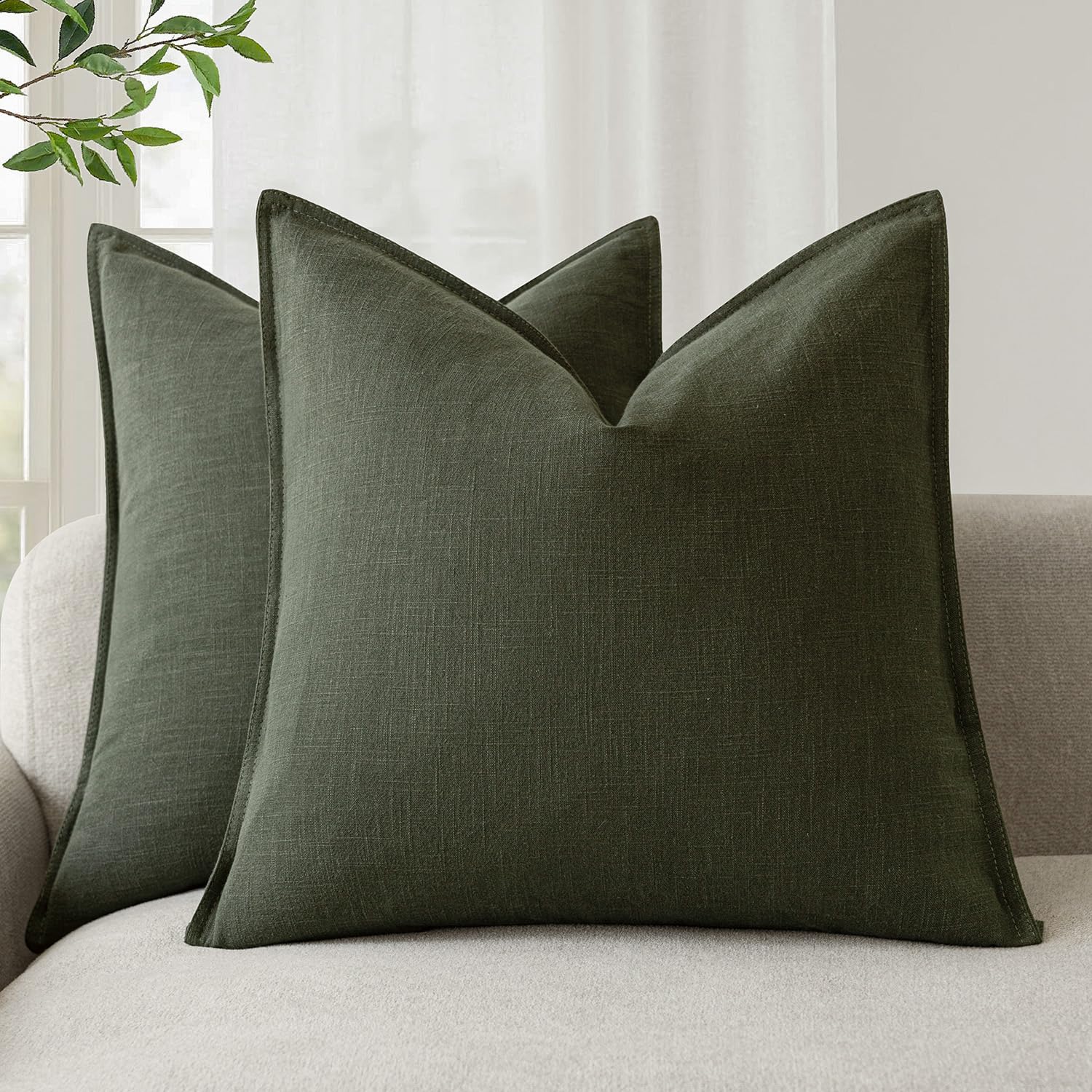 Foindtower Pack of 2, Decorative Linen Solid Throw Pillow Covers Soft Accent Cushion Case Farmhouse Neutral Pillowcase for Chair Couch Sofa Bedroom Living Room Home Decor 18 x 18 Inch Dark Olive Green