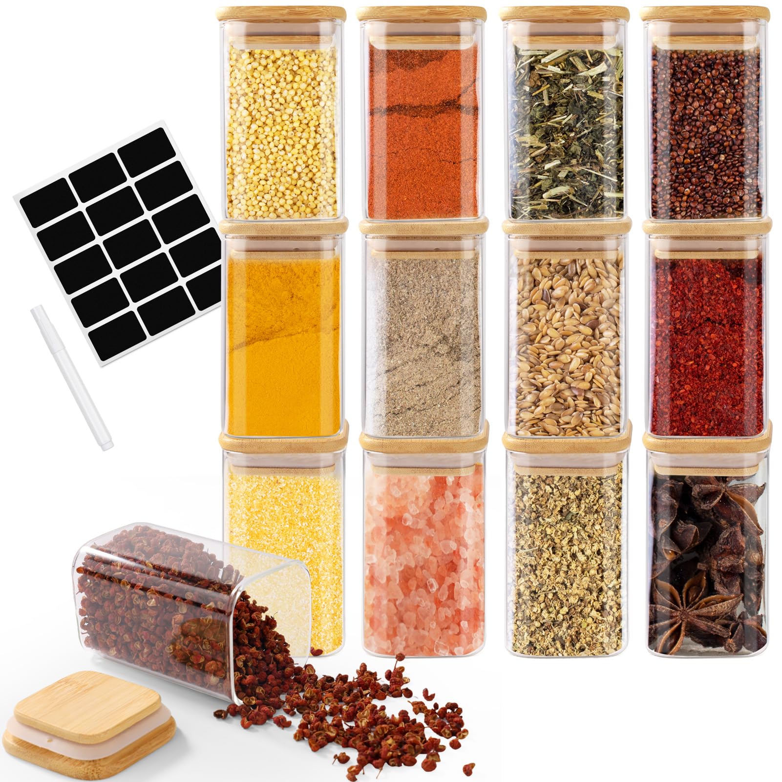 Cinnani Barattoli Spezie Vetro Quadrati, 12pcs x 300ml Barattolini porta Spezie Vetro con Coperchi in Bambù, Barattoli Spezie per Cucina Ermetici, Trasparente Vasetti Spezie con Etichette