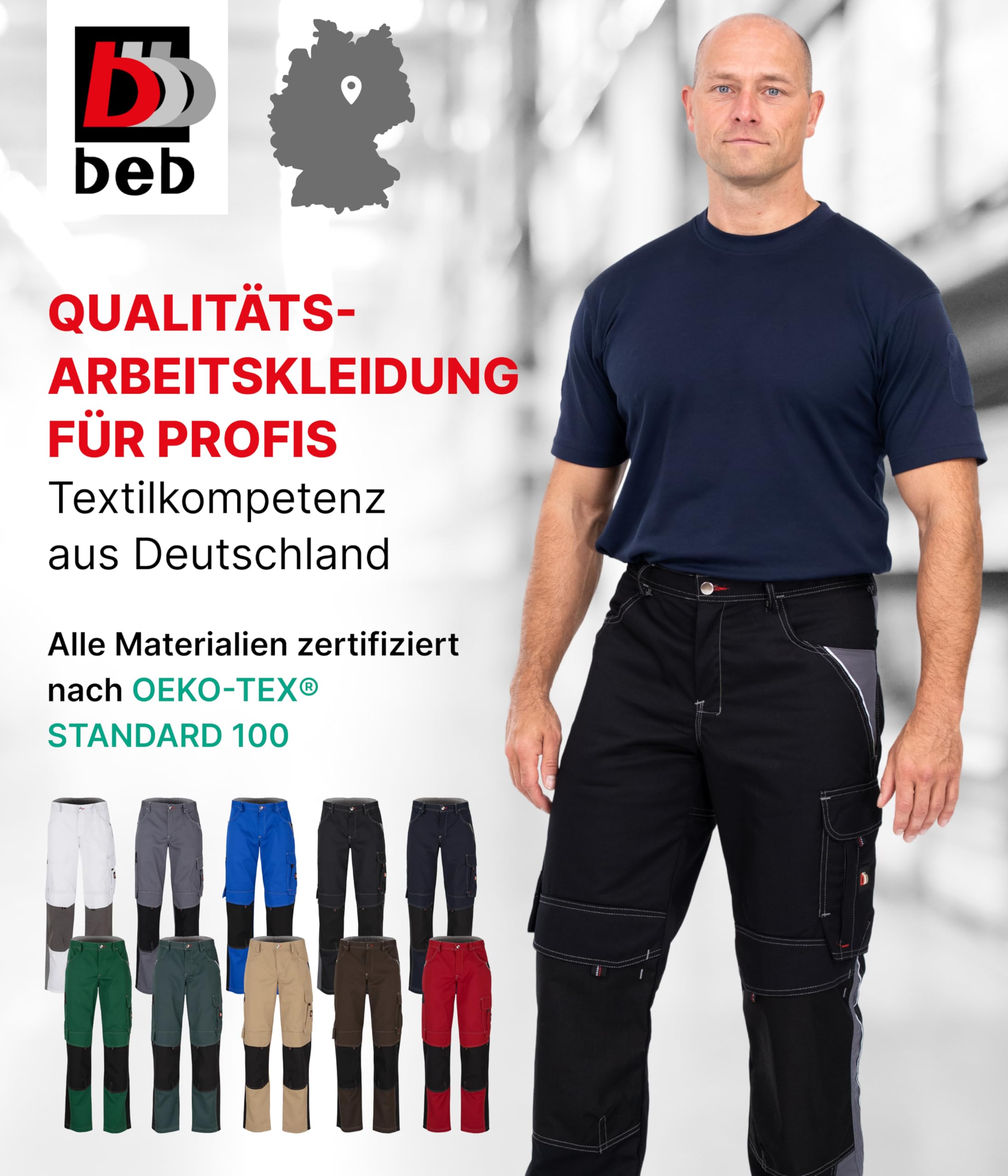 beb™ Arbeitshose Herren & Damen – robust & industriewäschegeeignet – mit Cordura-Knieverstärkung, Reflexpaspel & Werkzeugtaschen - Designed in Germany