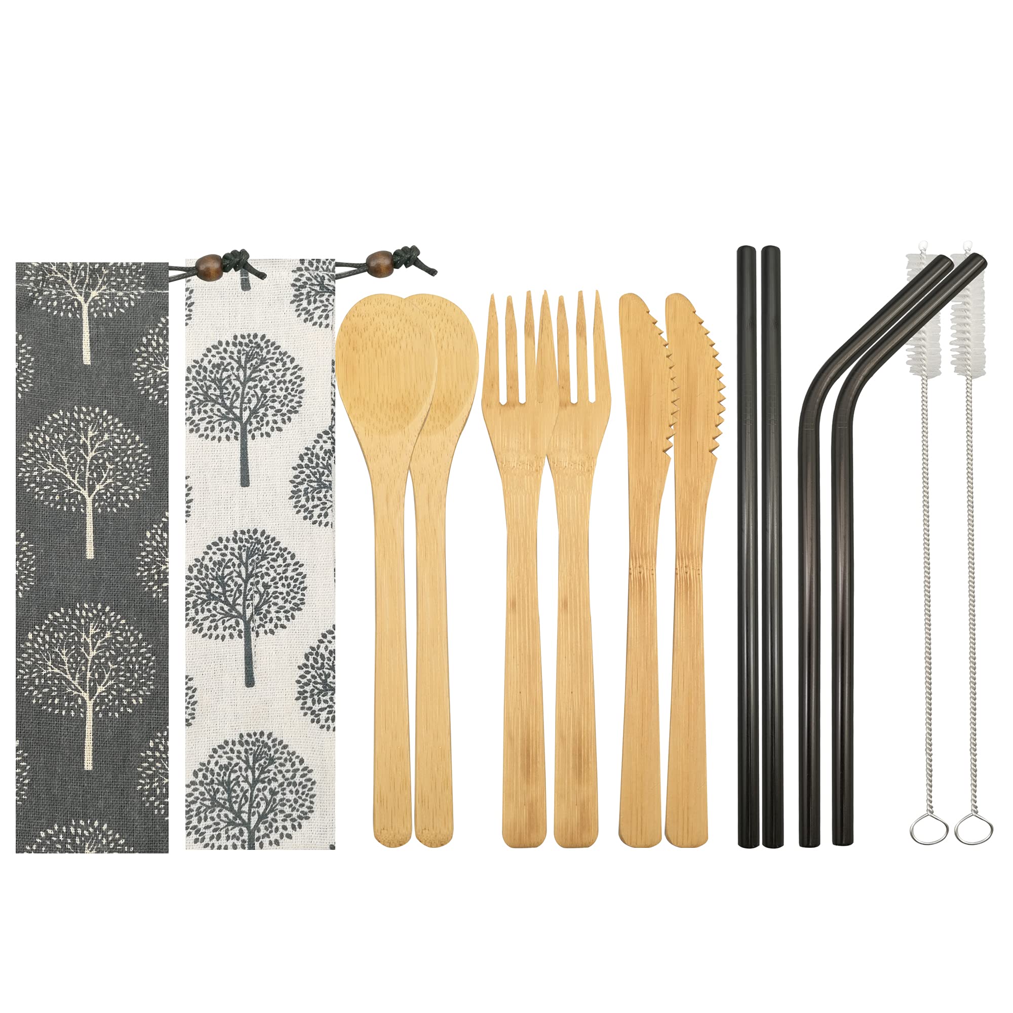 UPTRUST 2 Set Reusable Bamboo Cutlery Set - 6-Piece Flatware with 7.8 Inch Bamboo Knife, Fork, Spoon - 3 Colors Metal Straw and Clean Brush