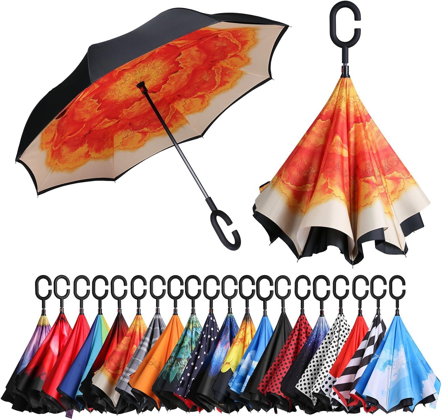 Density Collection Windproof Double Layer Folding Inverted Umbrella, Self Stand Upside-Down Rain Protection Car Reverse Umbrellas with C-Shaped Handle