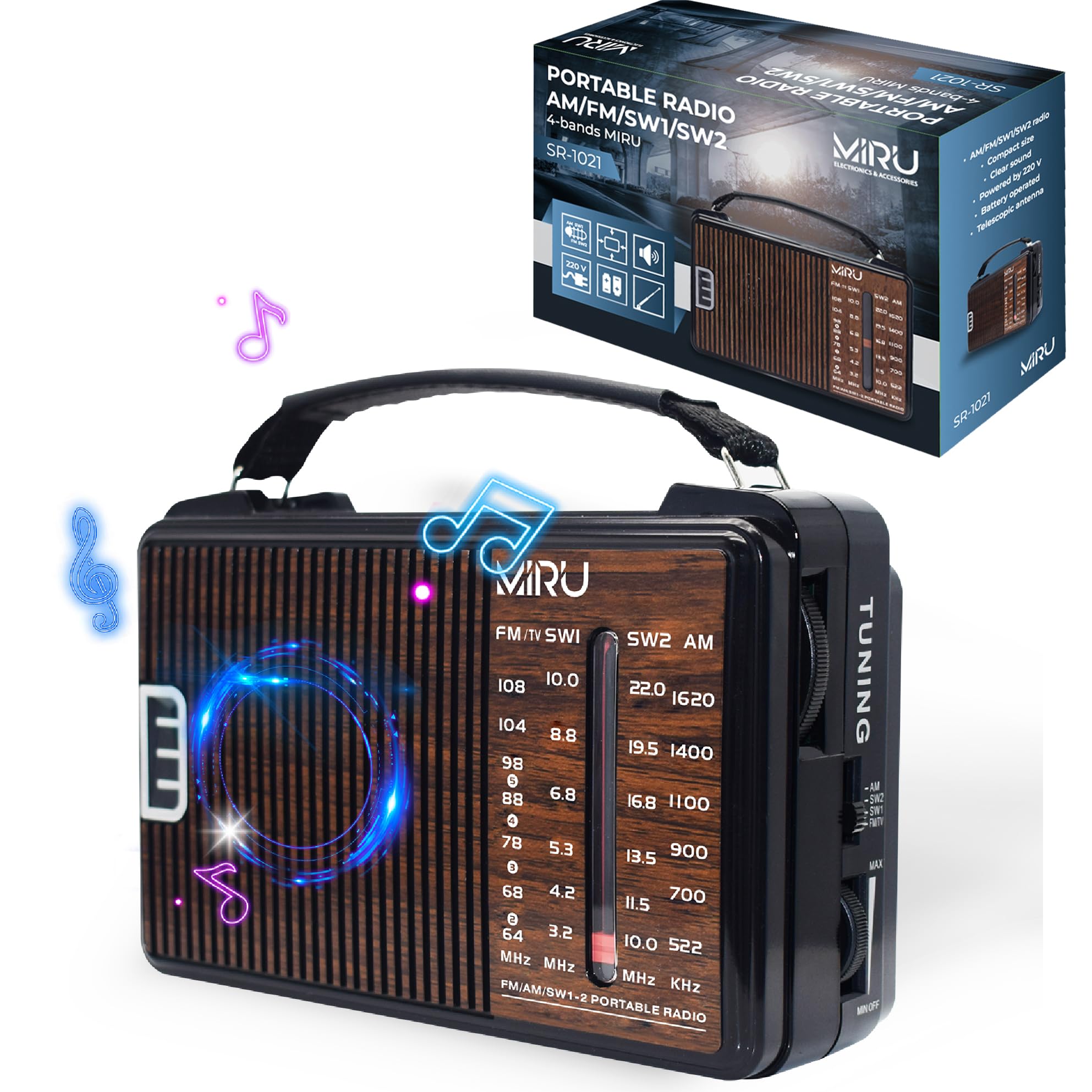 MIRU Radio Portatile AM/FM/SW SR-1021 con USB, Antenna Telescopica, 220V, Nero Legno