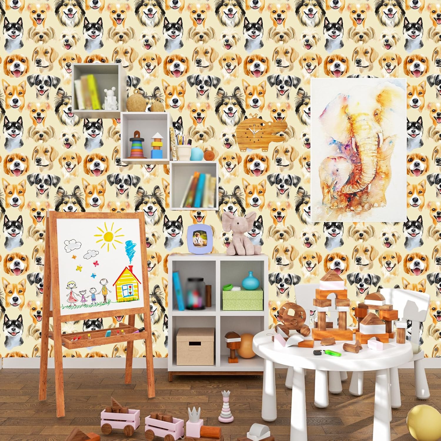 Dog Peel and Stick Wallpaper Vintage Beige Contact Paper Cute Dog Wall Mural Home Vinyl Waterproof Self Adhesive Removable Renter Friendly Wall Paper 17.5" x 118"