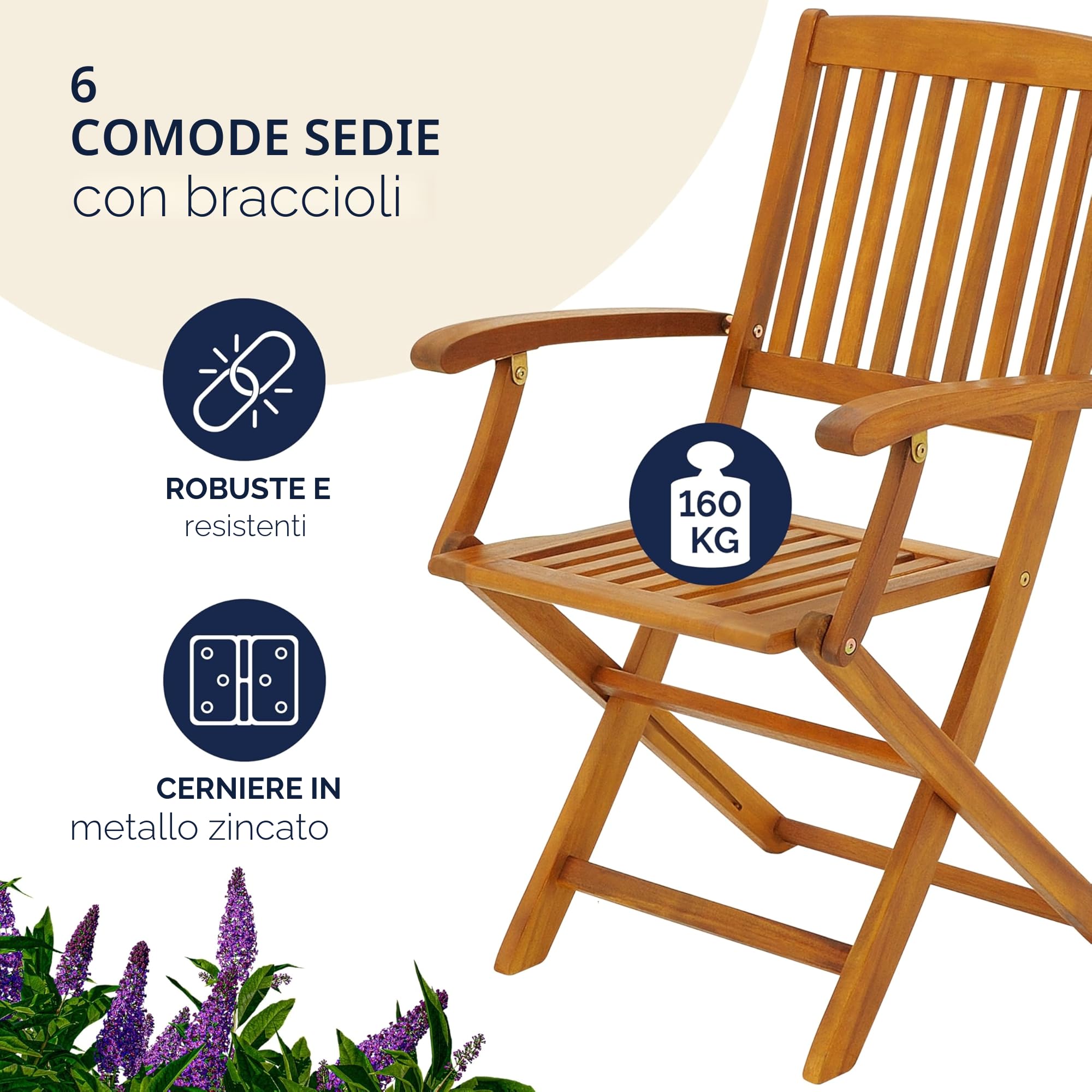 Casaria Set 1 Tavolo 6 Sedie da Giardino 160x85 cm Legno di Acacia Pieghevole Salvaspazio con Foro Ombrellone 7 Pezzi