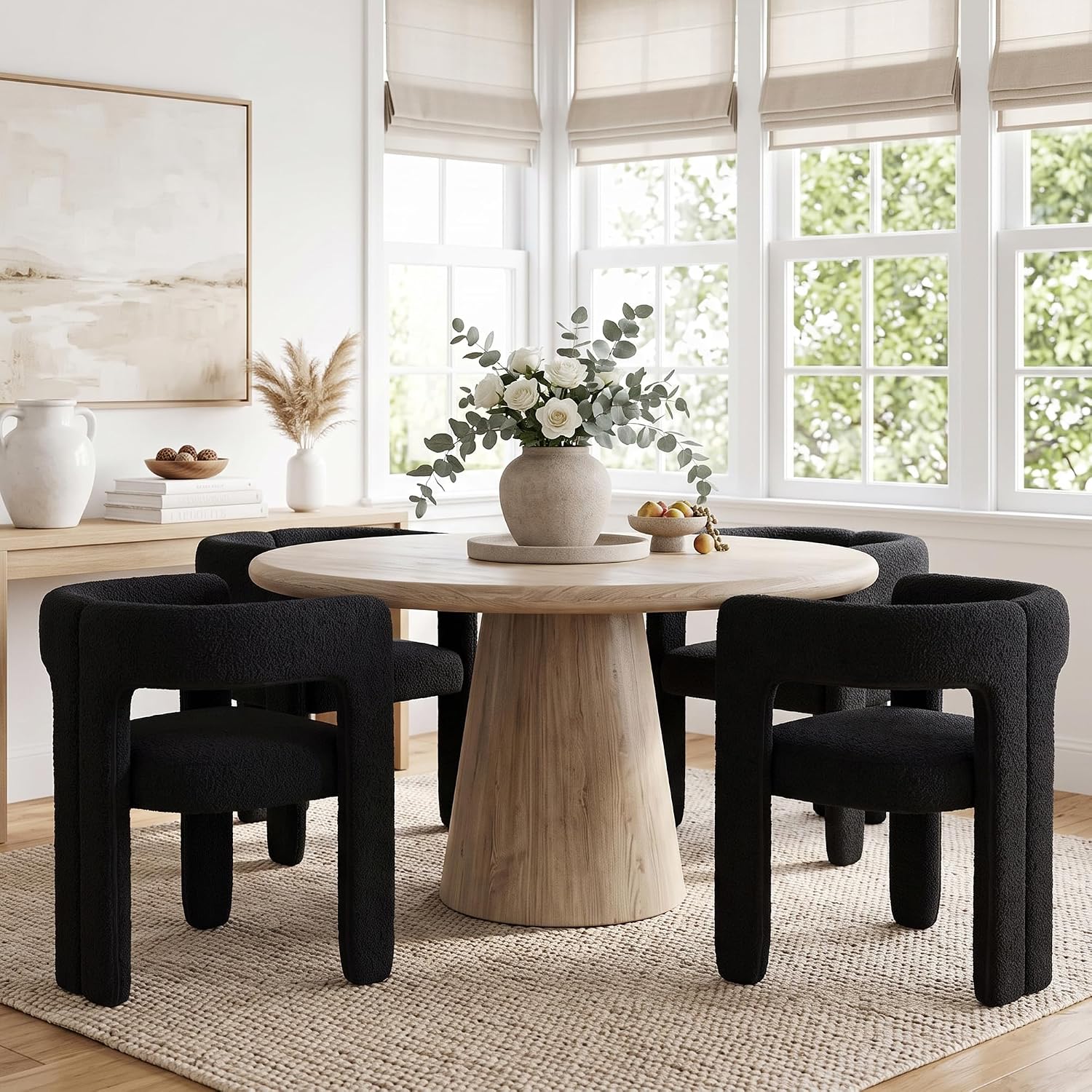 HNY Modern Black Boucle Dining Chairs Set of 4, Upholstered Barrel Chairs