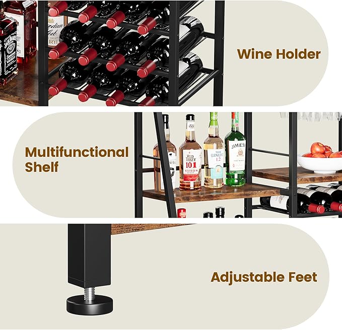 Gabinete Bar para Hogar Homeiju, Estante de 3 Niveles para Vino y Licor, Marrón miniatura 5