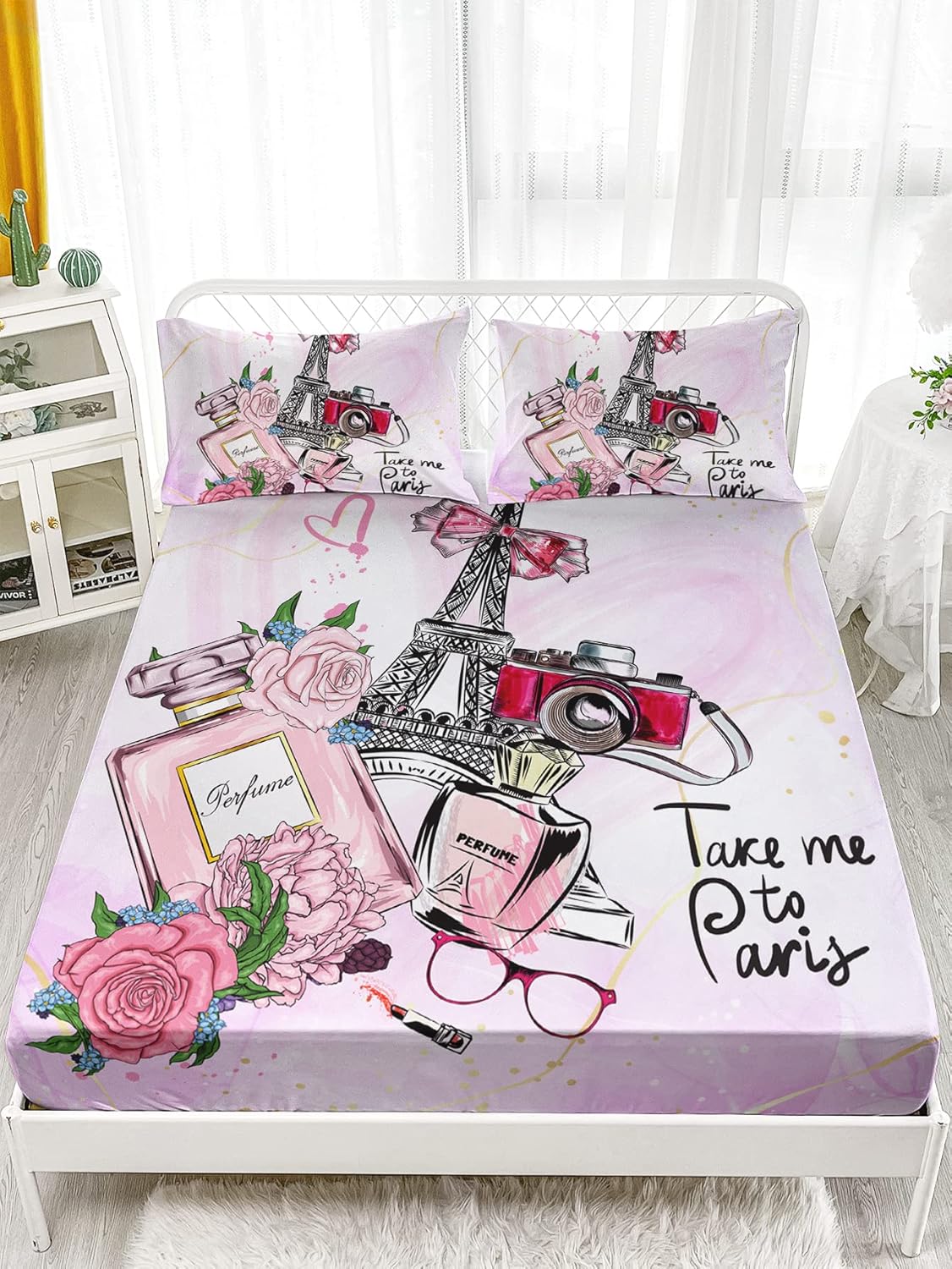 HOSIMA Pink Fitted Sheets Full Size,French Eiffel Tower Bedding Sets Romantic Paris Themed Bedroom Decor,Romantic Couple Bedding Sets with 2Pilowcases,Fitted Sheets with Elastic Straps.