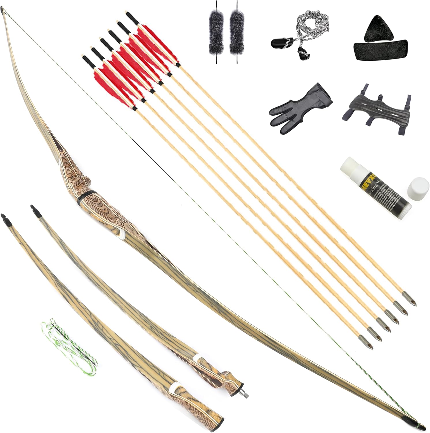 60"/62"/64" Traditional Wood Long Bow 20-50 Lbs Takedown Recurve Bow with Wood Arrow for RH Archery Target Hunting