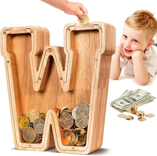 SummiDate Alcancía con letras de madera, alcancía para niños y niñas, banco de dinero del alfabeto W, regalo de cumpleaños para niños, regalo del