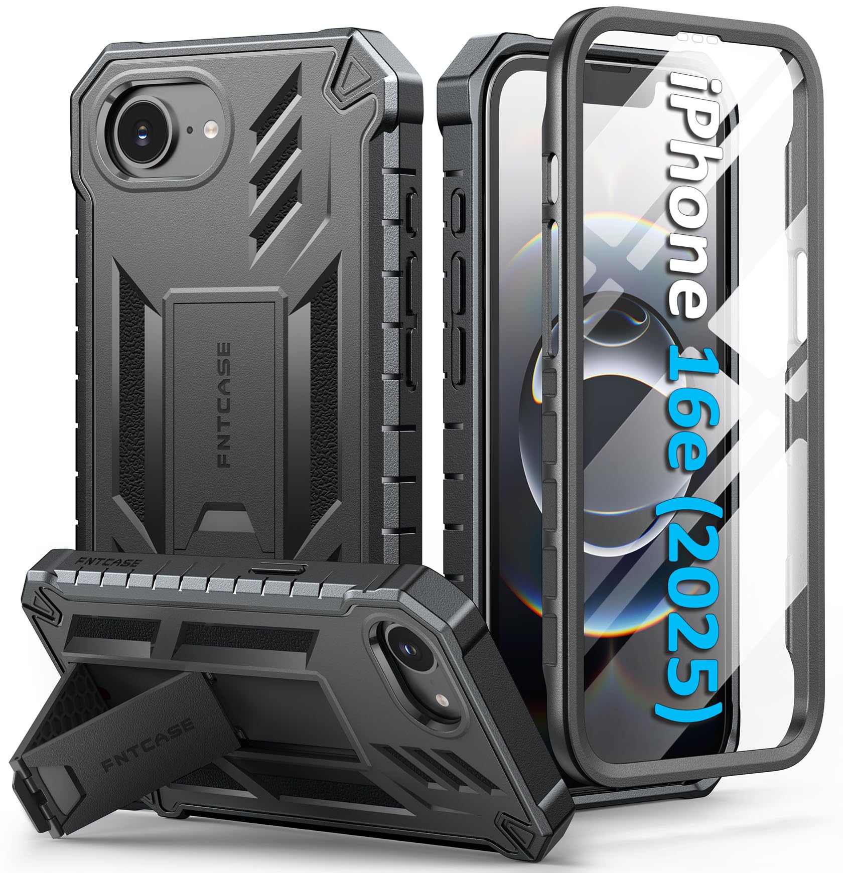 FNTCASE for iPhone 16e 2025 Case: for iPhone 16e Military Grade Drop Proof Protection Mobile Cover with Kickstand | Matte Textured Rugged Shockproof TPU | Protective Sturdy Phone Case - Black