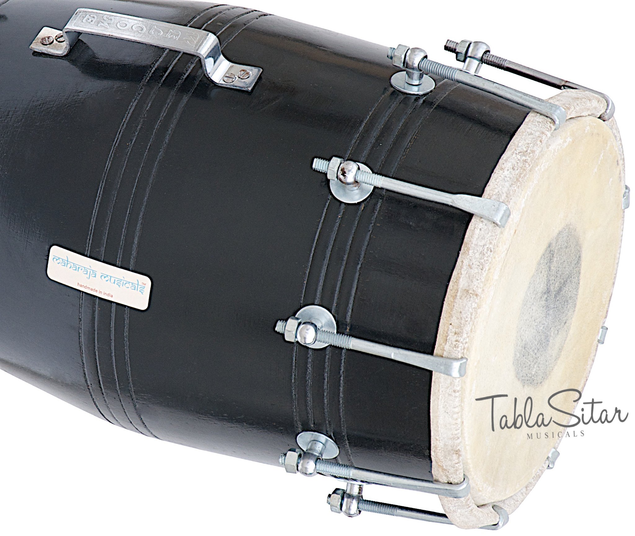 MAHARAJA Black Dholak (Dholki), drewno mango, przykręcane, z torbą, klucz do strojenia (PDI-FJ)