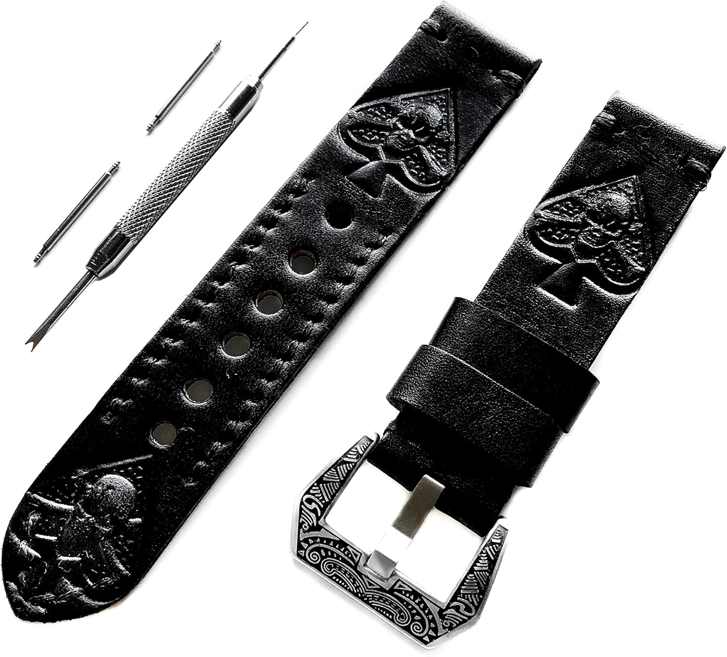 Embossed Ace of Spades Genuine Leather Band Compatible with Samsung Galaxy Watch 3 45mm, Watch 46mm, Gear S3 Frontier and Classic LTE Black Strap