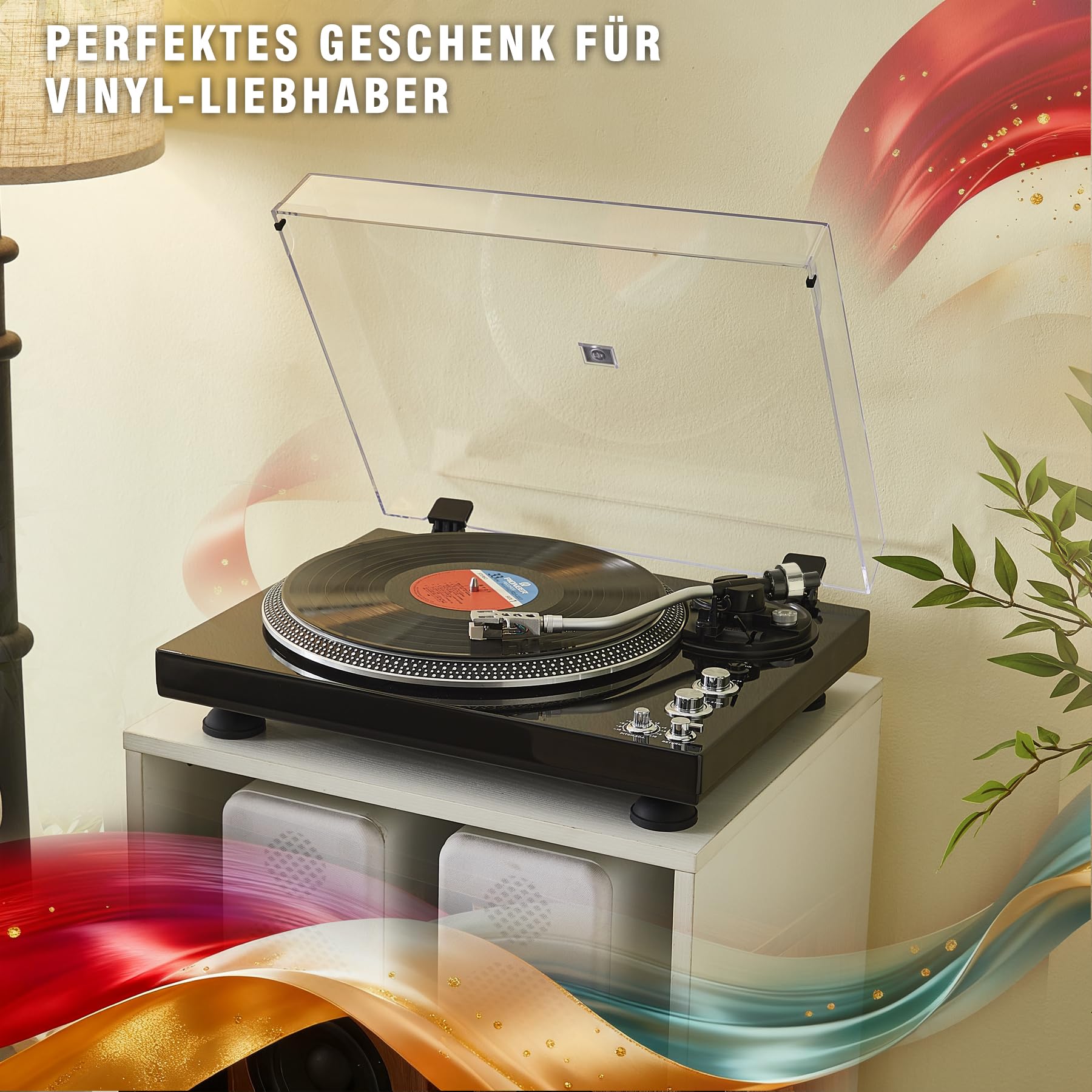 Hi-Fi Riemenantrieb Plattenspieler mit Premium-Tonabnehmer, Pitch-Control ±10%, Auto-Return Tonarm, 33/45 RPM Vinyl Player, Hochglanz Schwarz