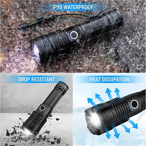 Miniatura 7 de Linterna LED recargable de alto lúmenes, 99,000 LM, luz de flash súper brillante de alta potencia, USB potente IPX6, linternas de mano impermeables