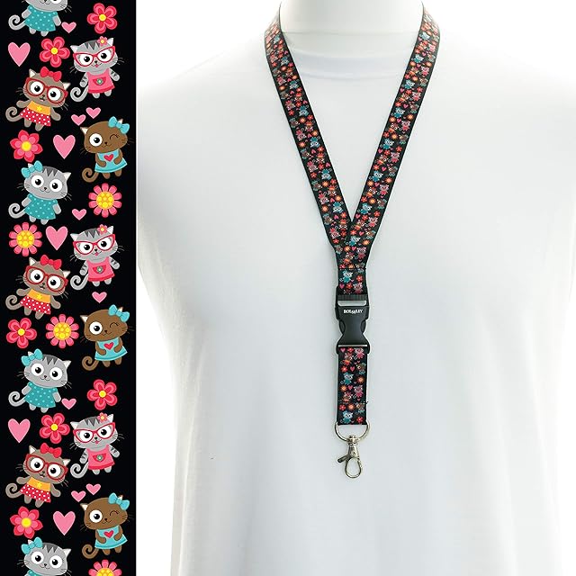 Rolseley Lanyard Neck Strap Cats/Kittens Pattern with Metal Lobster Claw Clip and Safety Breakaway for ID and Passes for Everyday Use at Office, School, Events