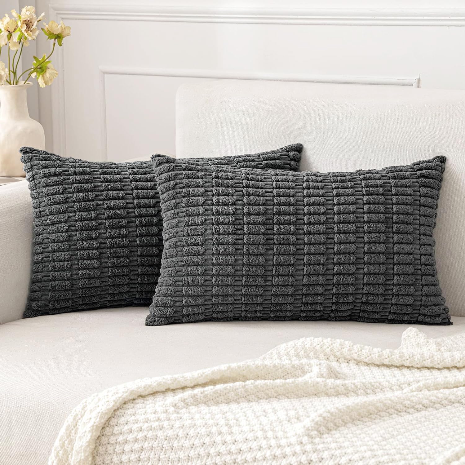 SHENGRUI Set of 2 Corduroy Soft Striped Cushion Covers 40x60 cm Decorative Throw Pillow Covers Square Cushion Case Home Boho Decor Pillow Cases for Couch Sofa Bedroom 16x24 Inch (Grey)