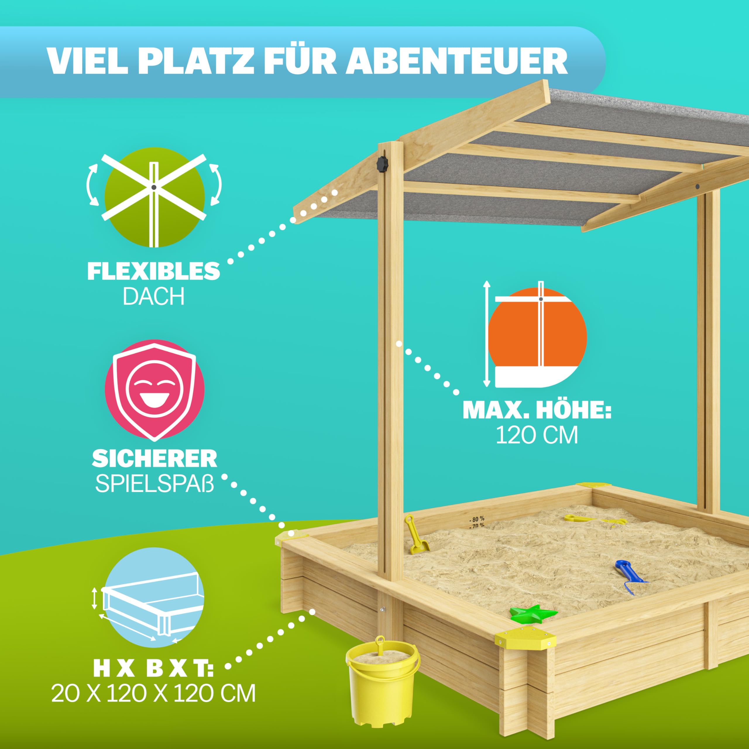 Spielwerk® Sandkasten Samu Sonnendach 120x120cm naturbelassenes Holz Füllstand Skala UV 50 Kantenschutz Bodenvlies Sandspielzeug Kinder Sandbox Sandkiste