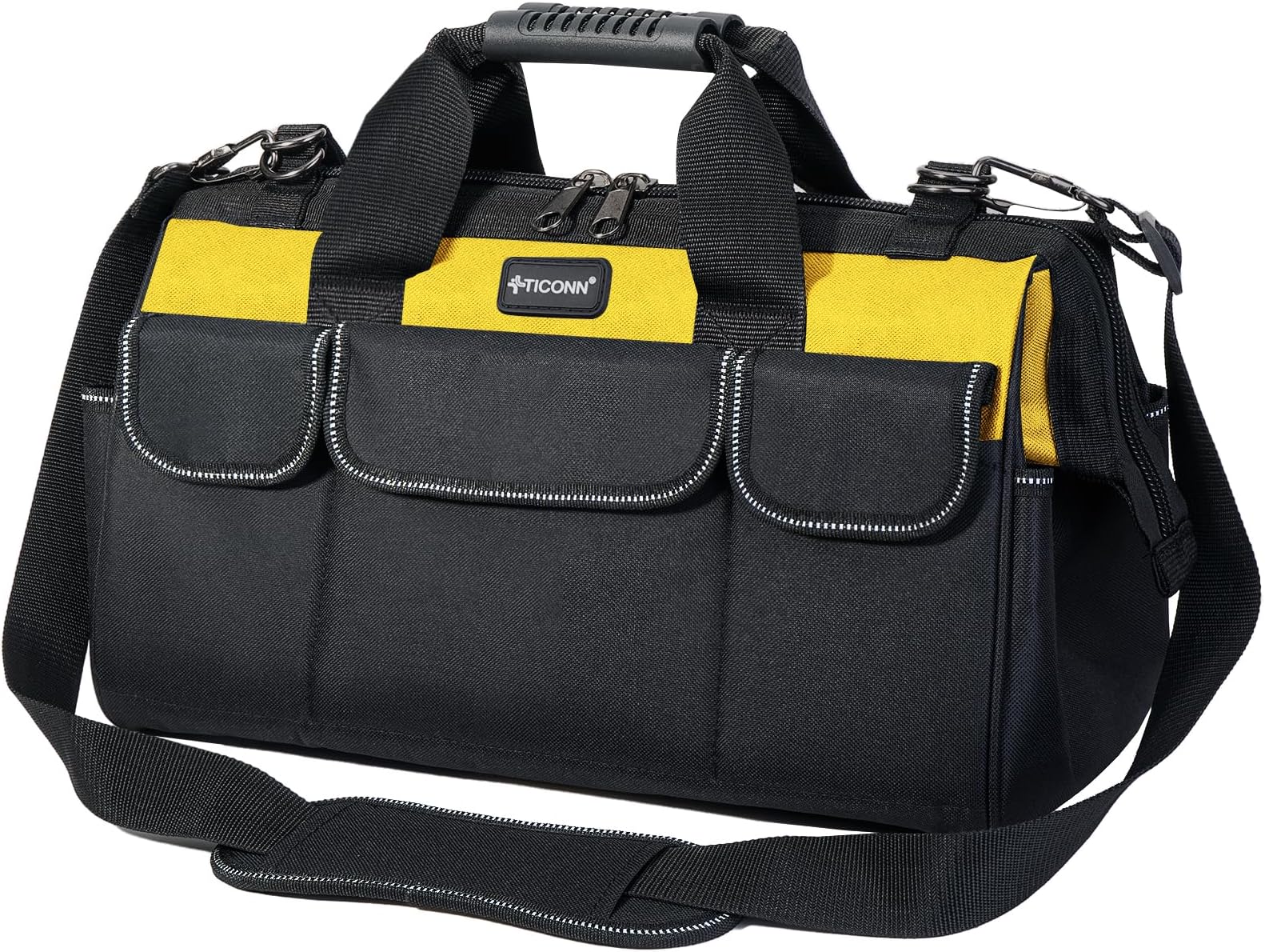 TICONNTool Bag with Multi-Pockets Wide Mouth Tool Tote with Safety Reflective Straps, Adjustable Shoulder Strap and Ergonomic Handle (Yellow, 16" Standard Base)