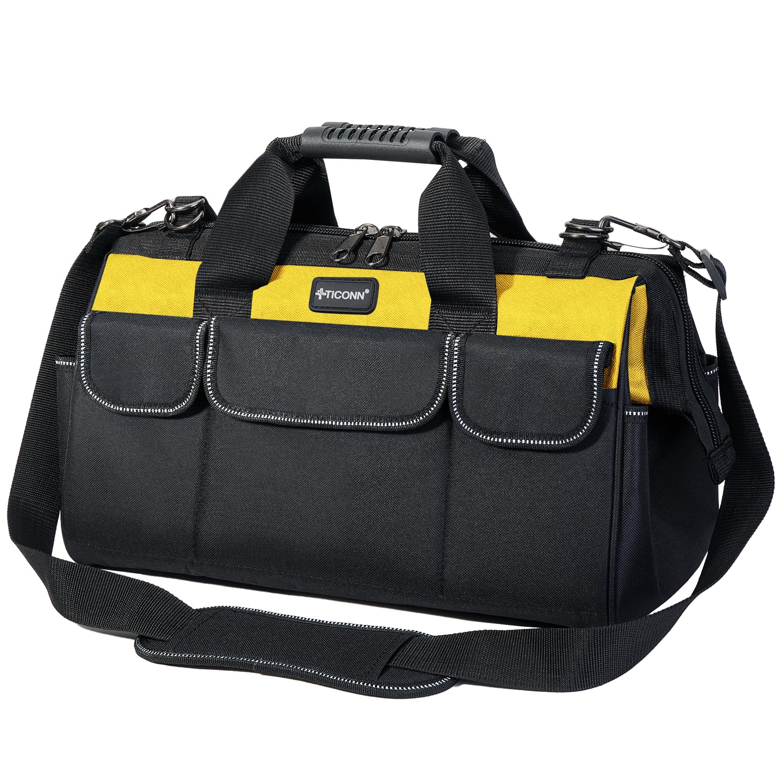 TICONNTool Bag with Multi-Pockets Wide Mouth Tool Tote with Safety Reflective Straps, Adjustable Shoulder Strap and Ergonomic Handle (Yellow, 16" Standard Base)