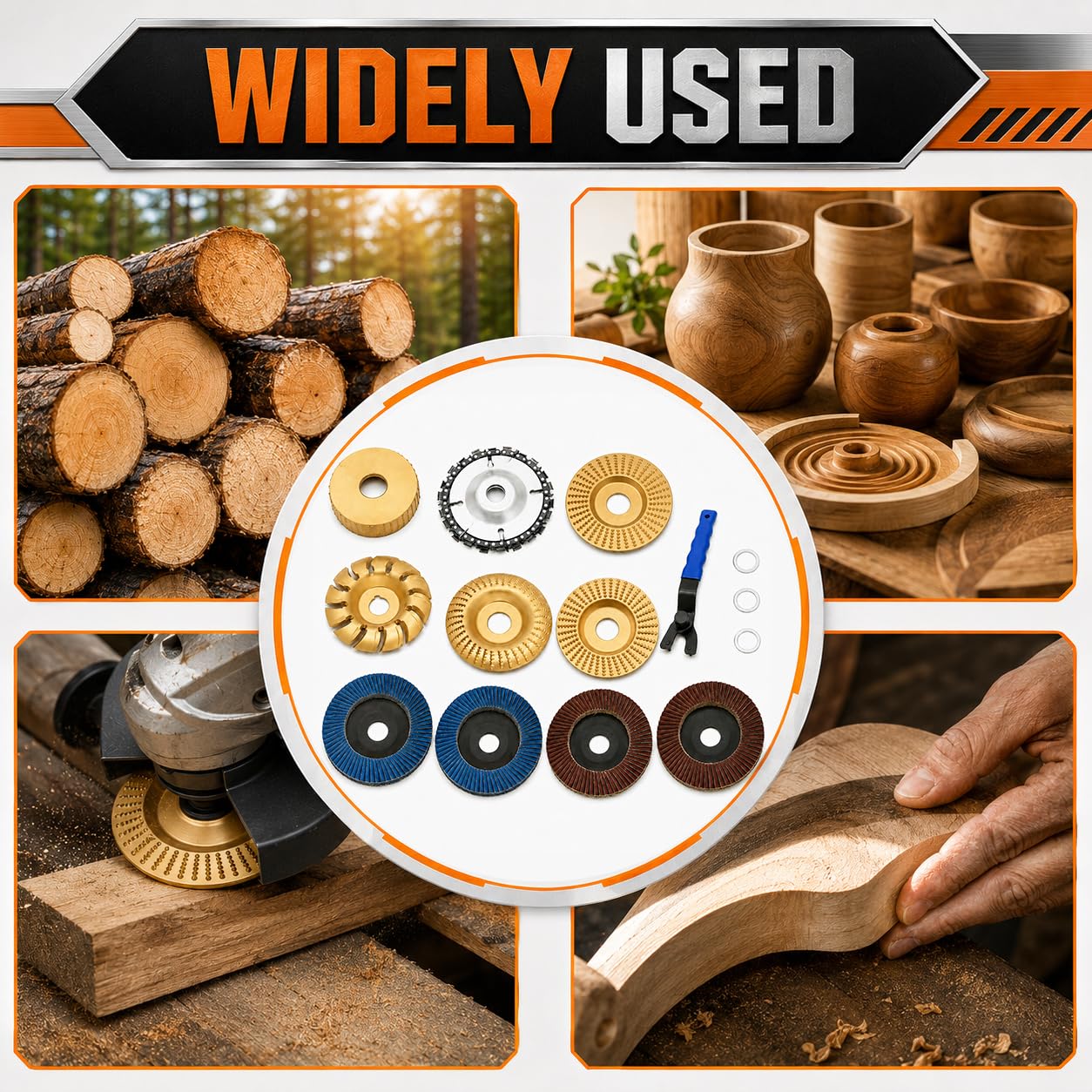 11-teiliges Holzschnitzscheiben-Set, geeignet für 10,2 cm oder 11,4 cm Winkelschleifer, Stumpfwerkzeug, Schleifscheiben-Schleifscheibe mit 1,6 cm Adapterring, Holzbearbeitung, Schneiden, Schleifen