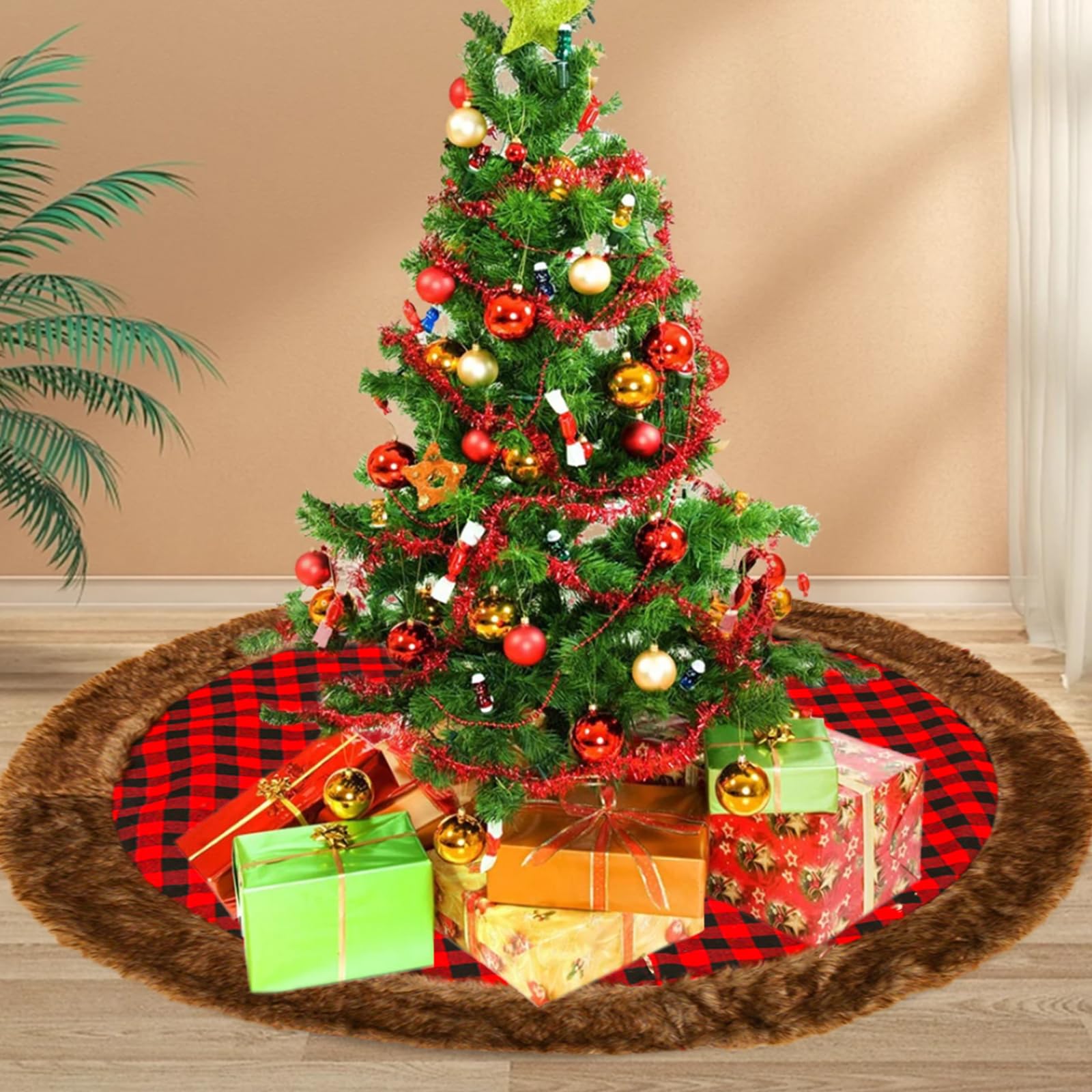 Gonna per albero di Natale, 122 cm, motivo scozzese di bufalo rosso e nero, con tela, decorazione per albero di Natale, include tappetino per albero di Natale, Capodanno, ornamento per albero