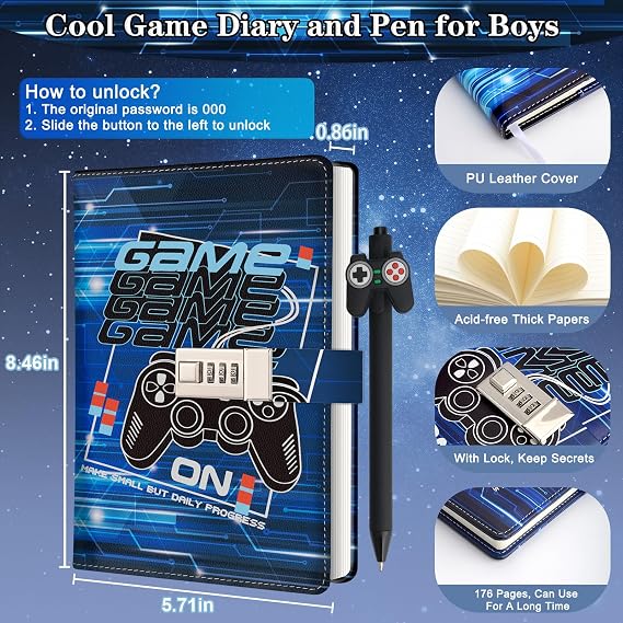 Diary with Lock For Boys, Lockable Diary Kids Notebook Back to School Stationary Journal with Lock Teenage Boy Birthday Gifts for 7 8 9 10 11 12 13 14 Year Old Game Notebook with Pen
