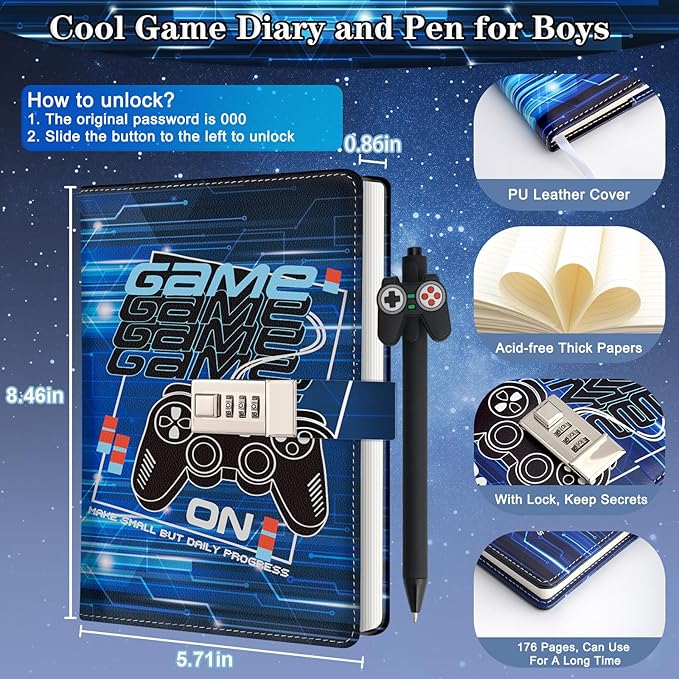 Diario con Candado para Niños, Diario de Videojuegos, 162 Páginas miniatura 3