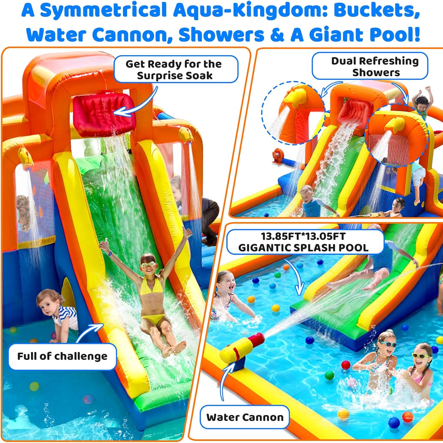 Umbalir 19x13FT Water Slide with 3 Climbing Walls, Jumbo Pool, Water Park with 2 Stair-Steps & Back Rock Wall, 2 Overhead Sprinklers & Water Cannon, 99" Long Slide, Multi-Kid Racing Bounce House