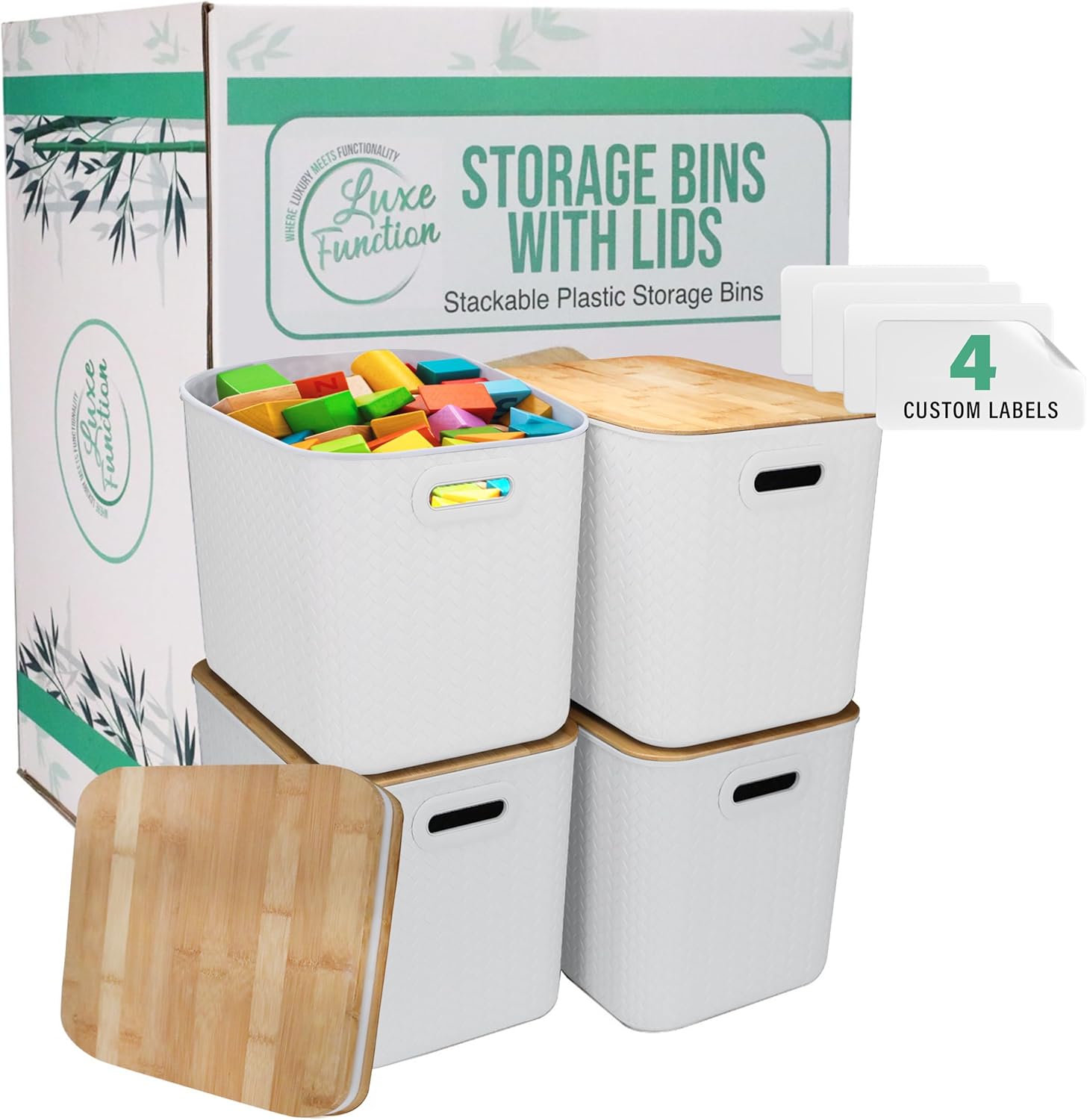 Storage Bins with Bamboo Lid – Stackable, Multi-Purpose Organizers for Pantry, Closet, Kitchen, and Home – Elegant Wicker-Style Design with Ergonomic Handles- White