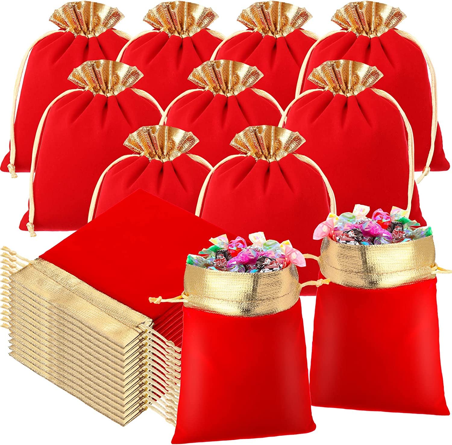 Velvet Jewelry Bags, 20 Pcs With Drawstrings, Golden Soft Packaging Pouches for Candy, Presents, Wedding, Party, Birthday, Thanksgiving - Lucky Bag (Red Golden, 3.9 x 4.7")