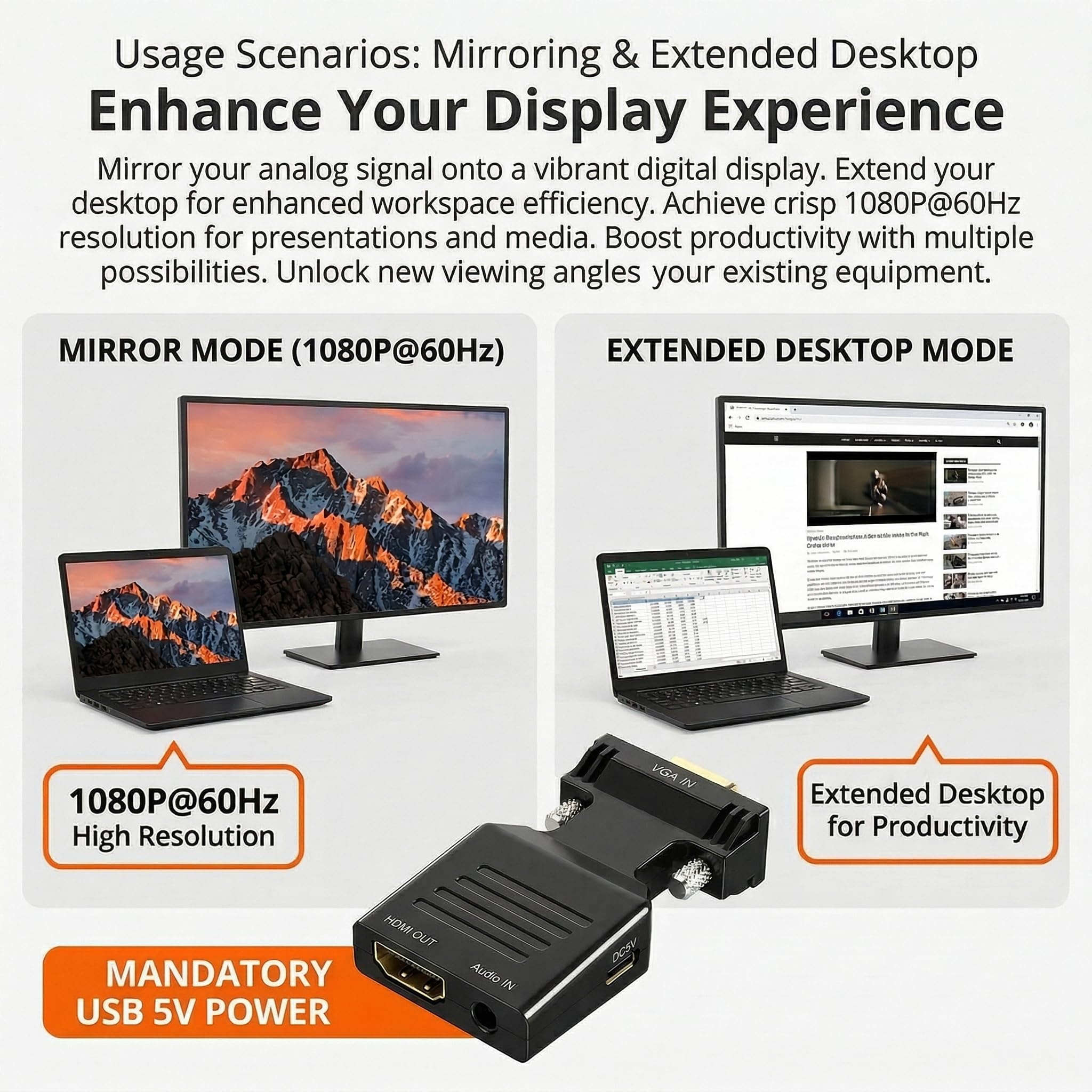 Adaptateur VGA vers HDMI 1080P 60Hz avec Câble Audio 3,5 mm Convertisseur Actif