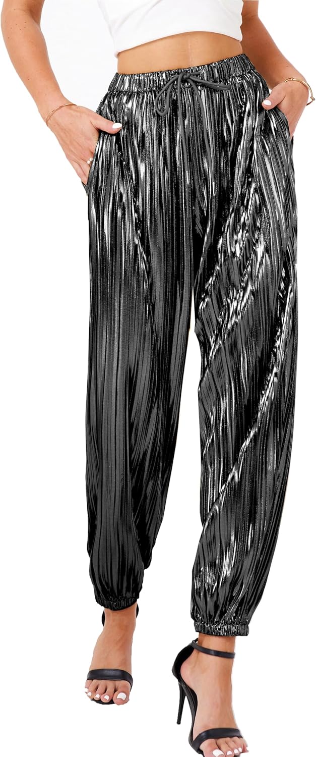 heipeiwa Women's Metallic Pleated Sequin Shiny Joggers Pants Party Club Wear Sweatpant Trouser
