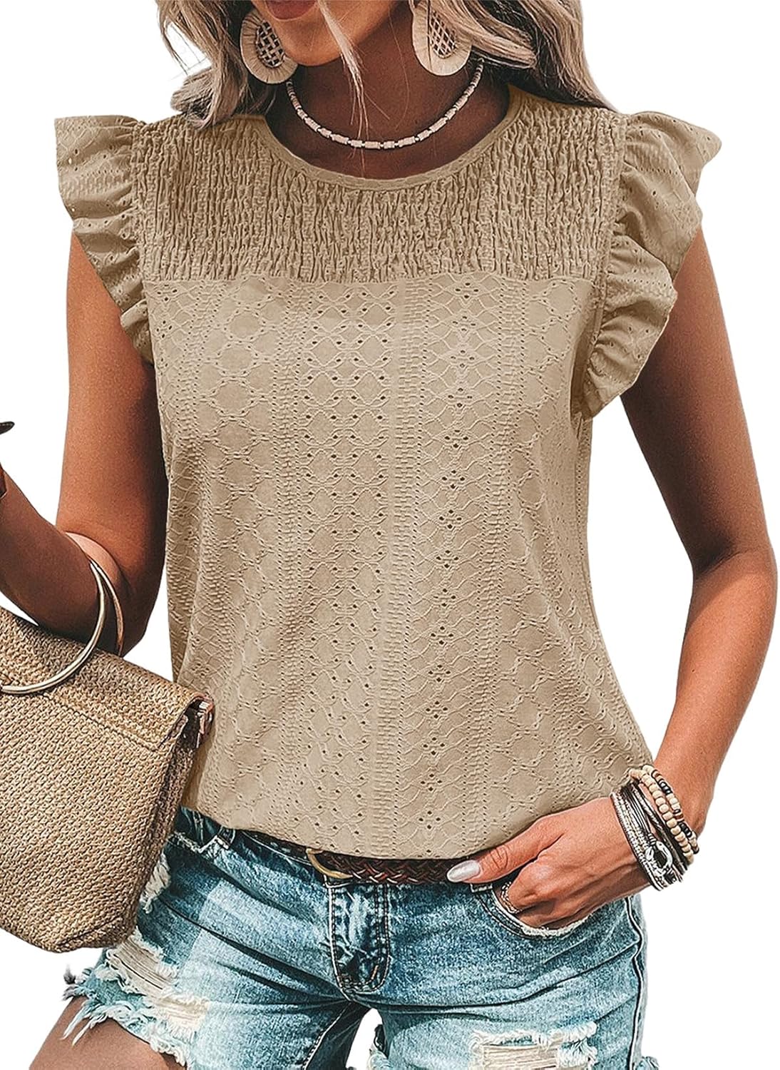 Dokotoo Womens Summer Knit Tops 2025 Hollow Out Crewneck Cute Ruffle Short Sleeve Womens T Shirts Blouses