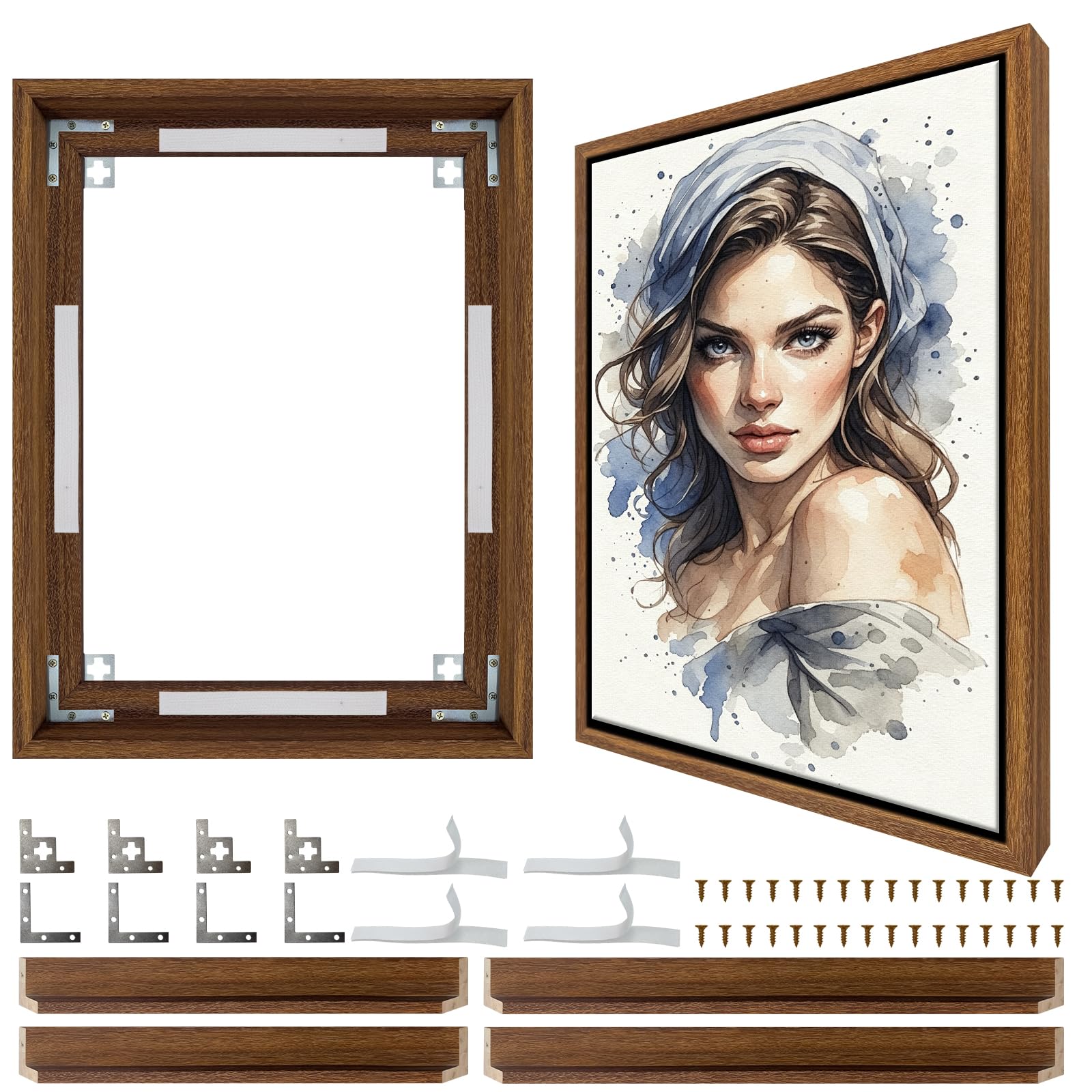 Canvas Floater Frame for 18x24inch(45x60cm) Canvas Paintings,1" Deep Self-assembling Floating Frame for Oil Paintings,Wall Art,Poster,with Adhesive Strips Included(Brown,Wood)
