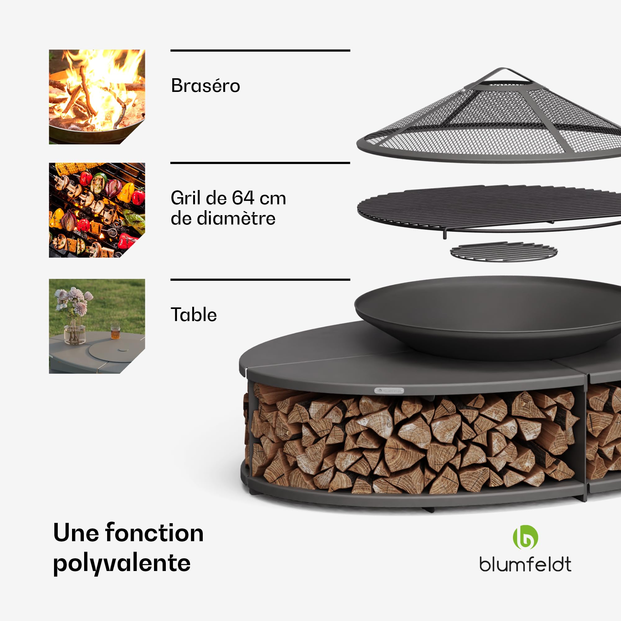 Blumfeldt Ebeko Brasero Exterieur - Barbecue & Table, 3-en-1 Brasero en Acier Durable, Pare-Étincelles & Tisonnier Inclus, Rangement Bûches, Housse Imperméable, Idéal Jardin & Terrasse
