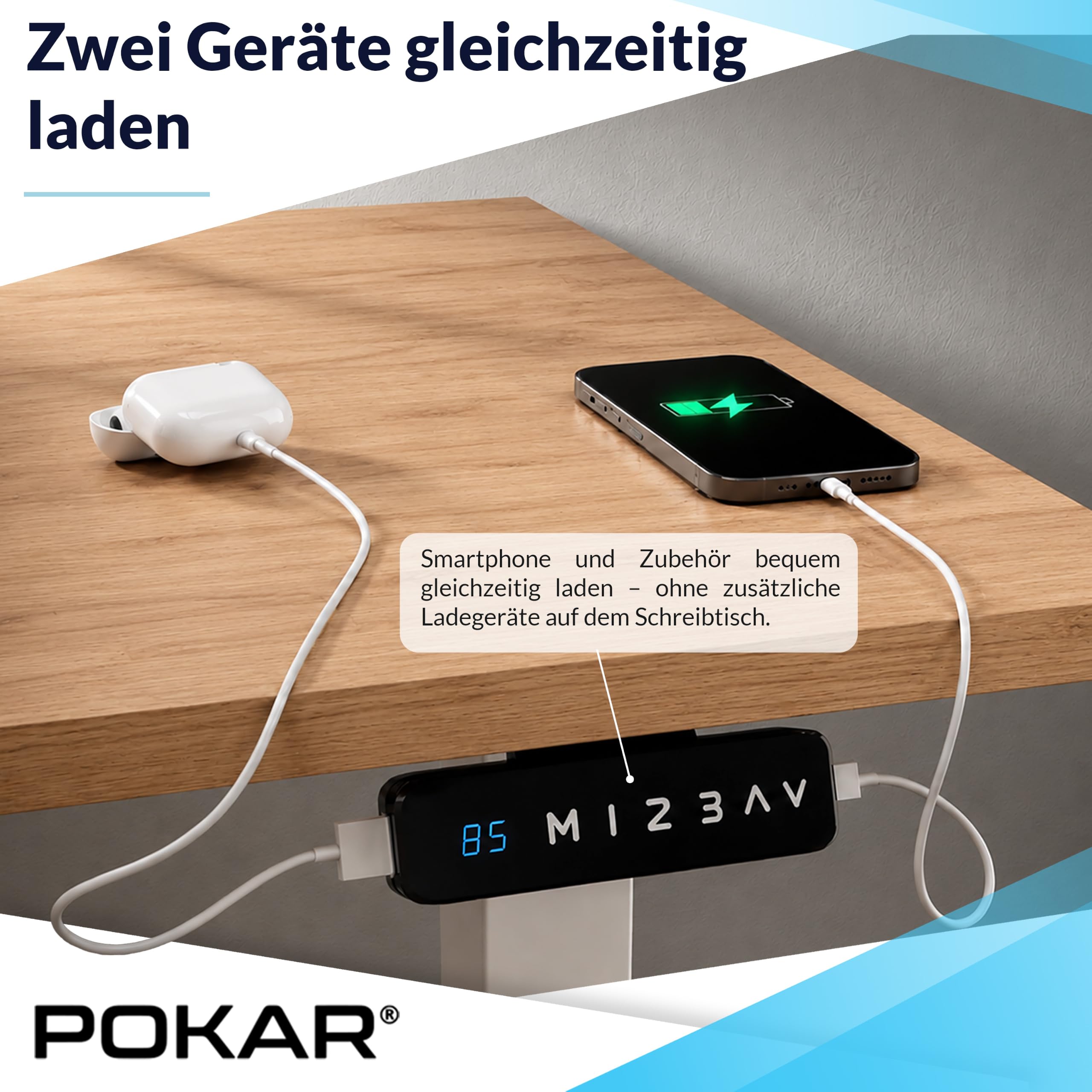 POKAR Höhenverstellbarer Schreibtisch Elektrisch 120x80 cm | Massive 25mm Platte | Memory-Panel mit USB-C und USB-A | Steh-Sitz-Tisch für Home Office | Gestell Schwarz, Platte Sonoma Eiche