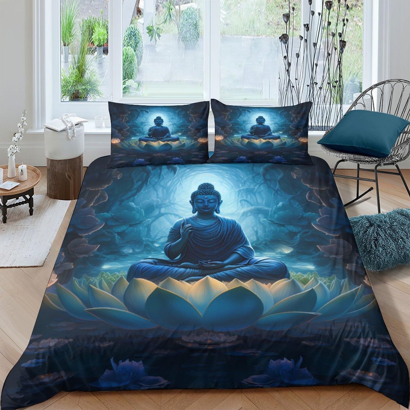 Ctjqhvkz Style-1 3D Printed Buddha Lotus Fitted Sheet Microfiber Dark Blue Artistic Bed Cover For Bedroom Guest Room Decor Protection Single（135X200cm）