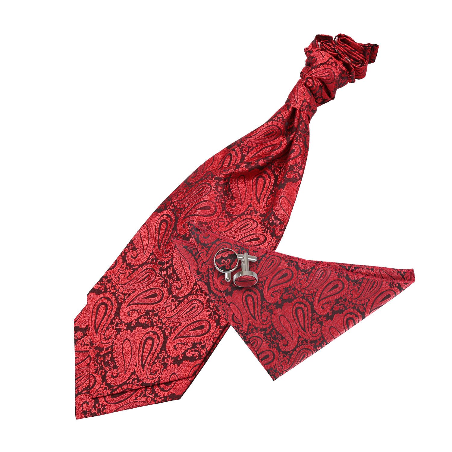 Dqt Men's Red & Black Paisley Floral Jacquard Pre-Tied Scrunchie Cravat, Pocket Square & Cufflinks Set (3Pc) - Wedding, Business & Formal - Black & Red