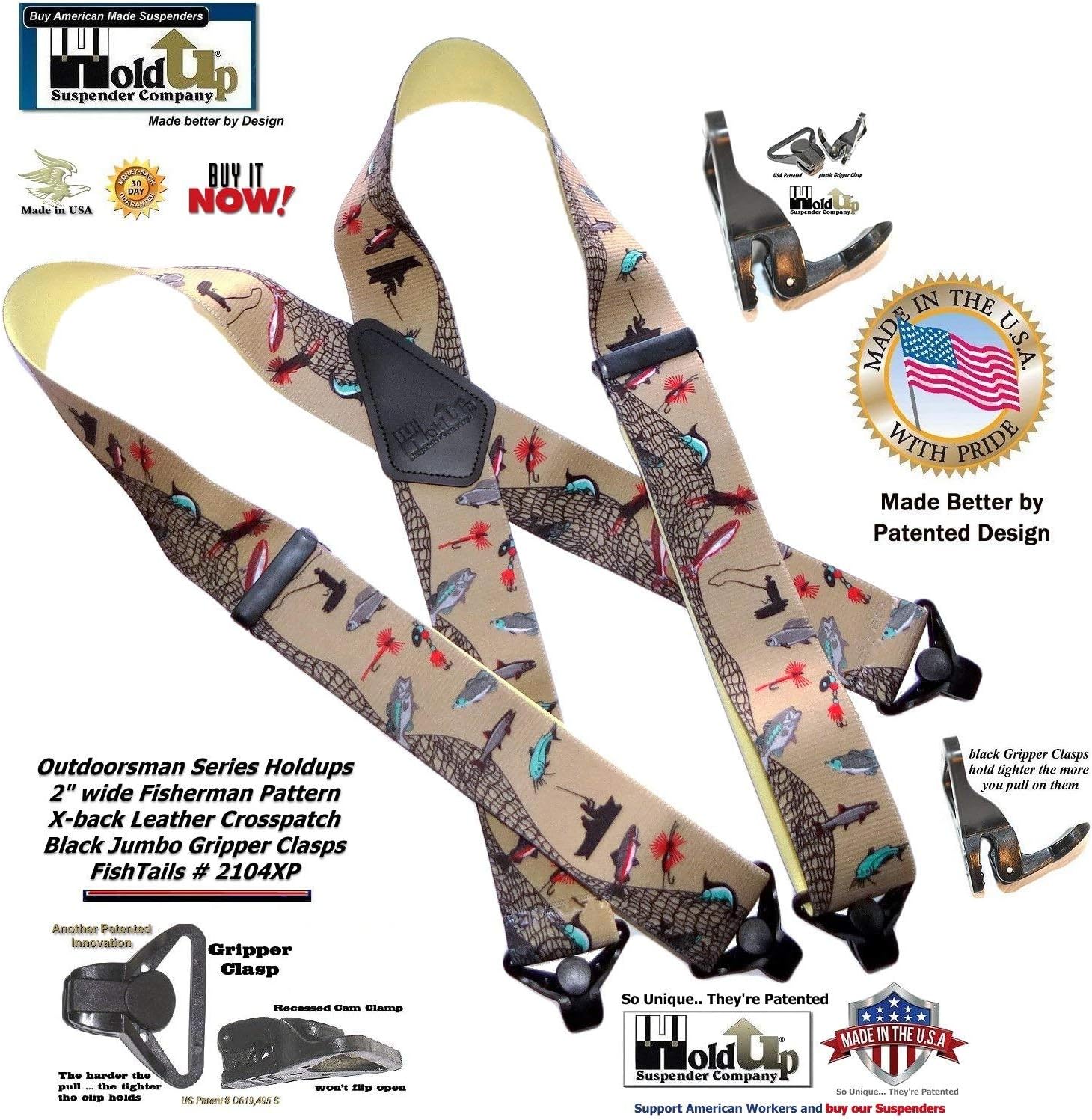 Hold-Up Suspender Co. Holdup 2" Wide Outdoorsman Series Suspenders for Men with Composite Plastic USA Patented Gripper Clasp