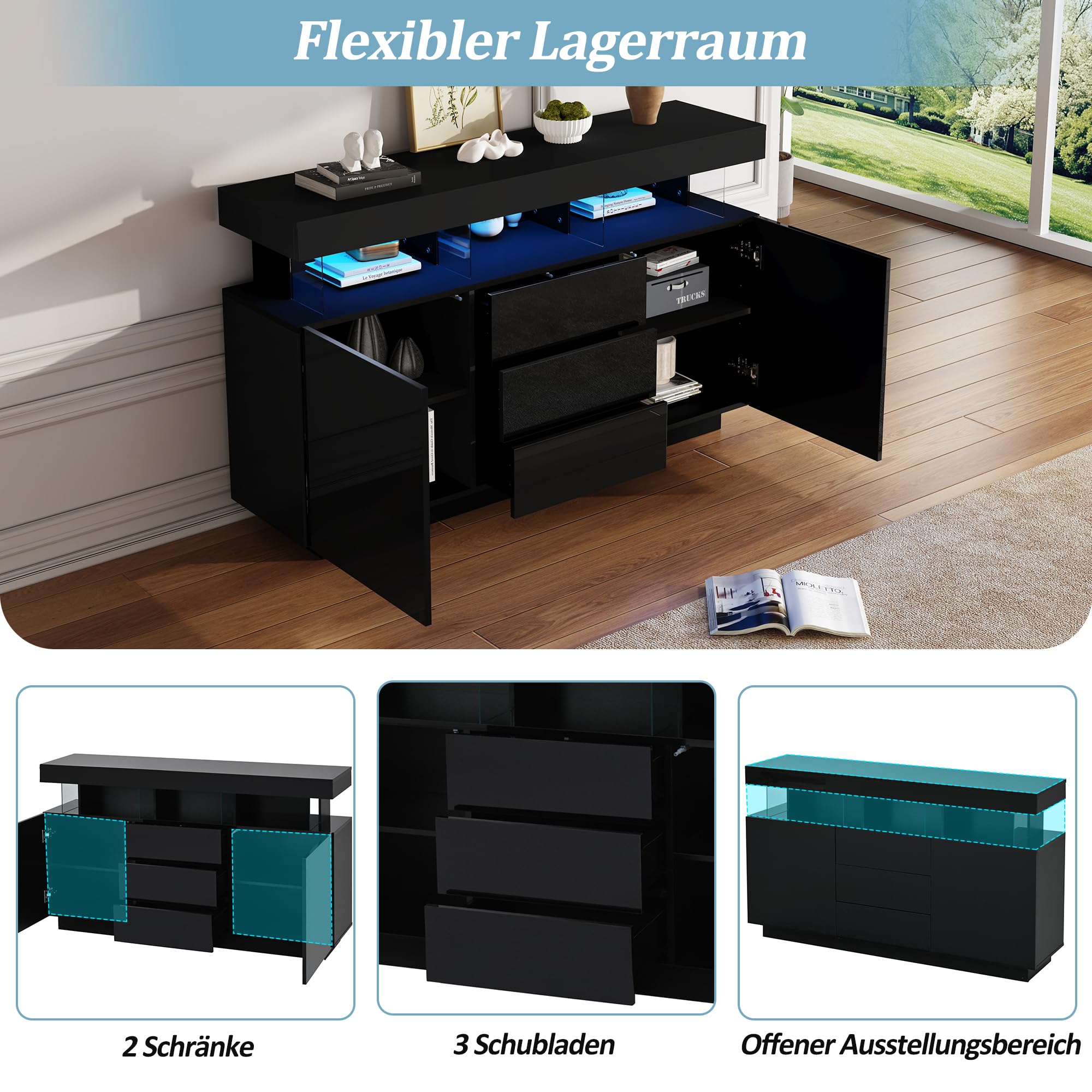 Sideboard Hochglanz 140cm Breit, Sideboard Wohnzimmer mit 16-farbigem Lichtstreifen, Highboard Geeignet für Wohnzimmer und Flur, 140x35x80cm, Schwarz
