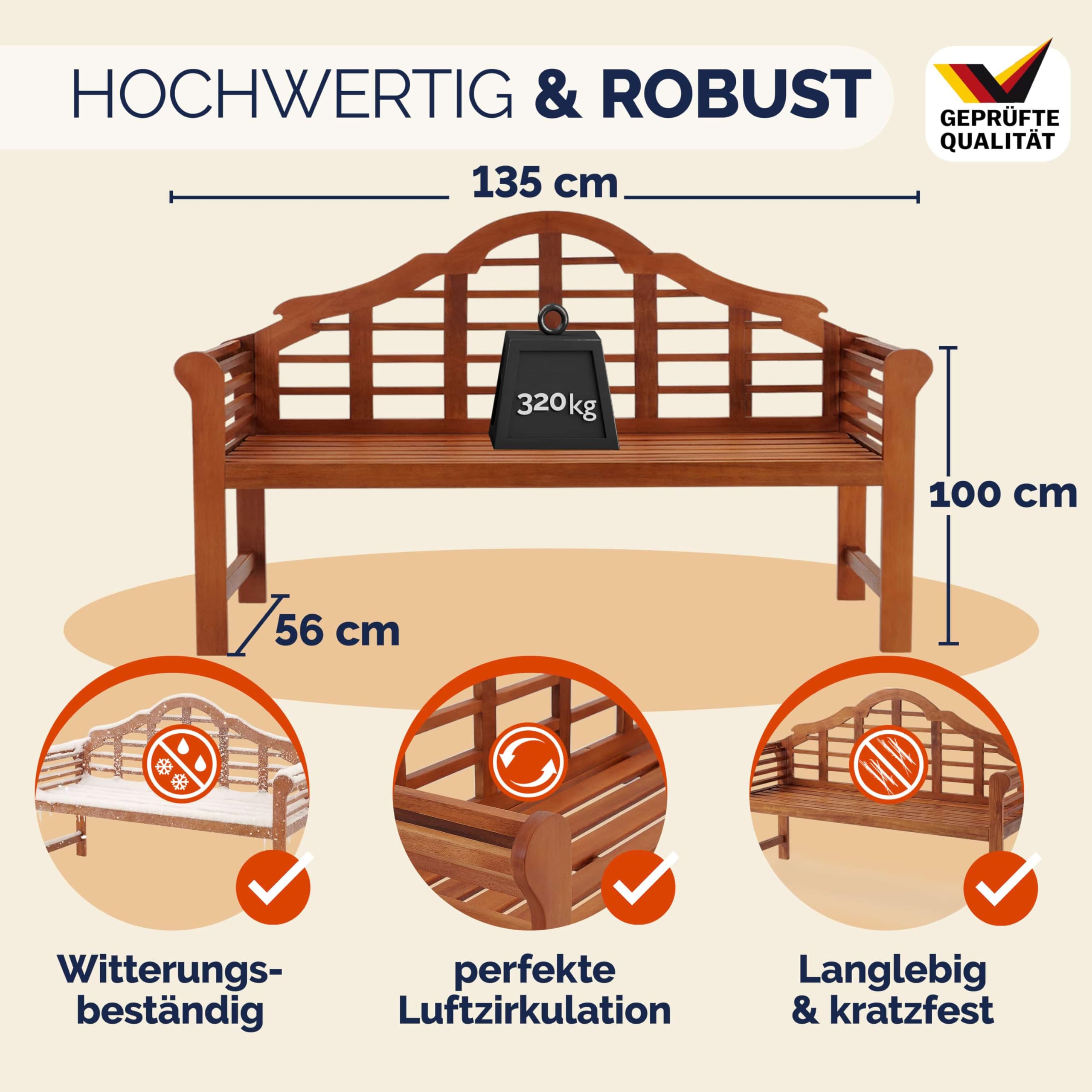 Casaria® Gartenbank Wetterfest Holz FSC®-Zertifiziert 240kg Belastbar 2-Sitzer Armlehne Rückenlehne 135x56cm Garten Balkon Holzbank Eukalyptus Braun