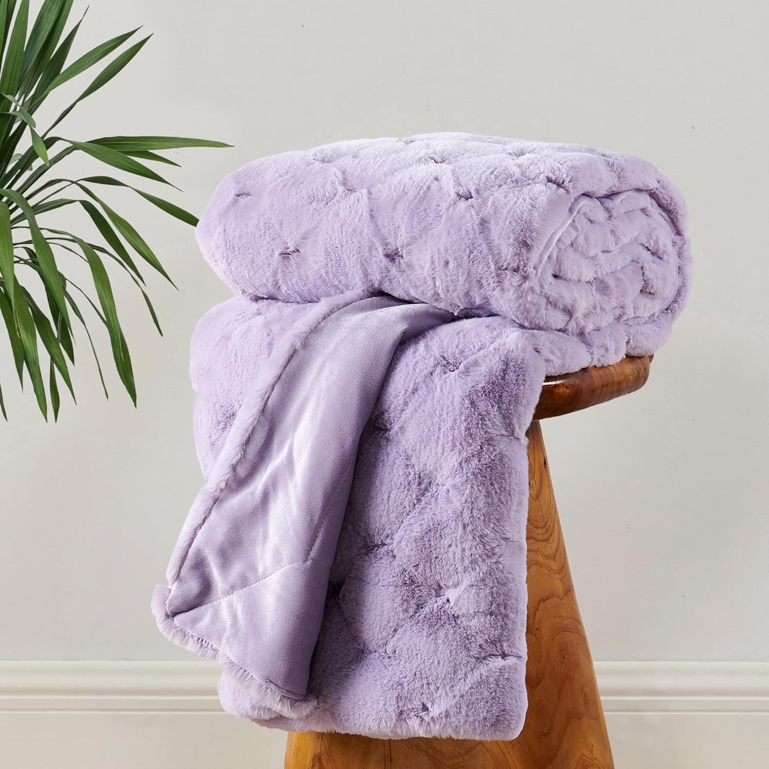 Jacquard Plaid Faux Rabbit Fur Plush Throw Blankets Reversible with Micromink Back, Soft Warm Cozy Fluffy Fuzzy Luxury Fall Throw for Couch Sofa Chair Bed, 50" x 60", Lavender