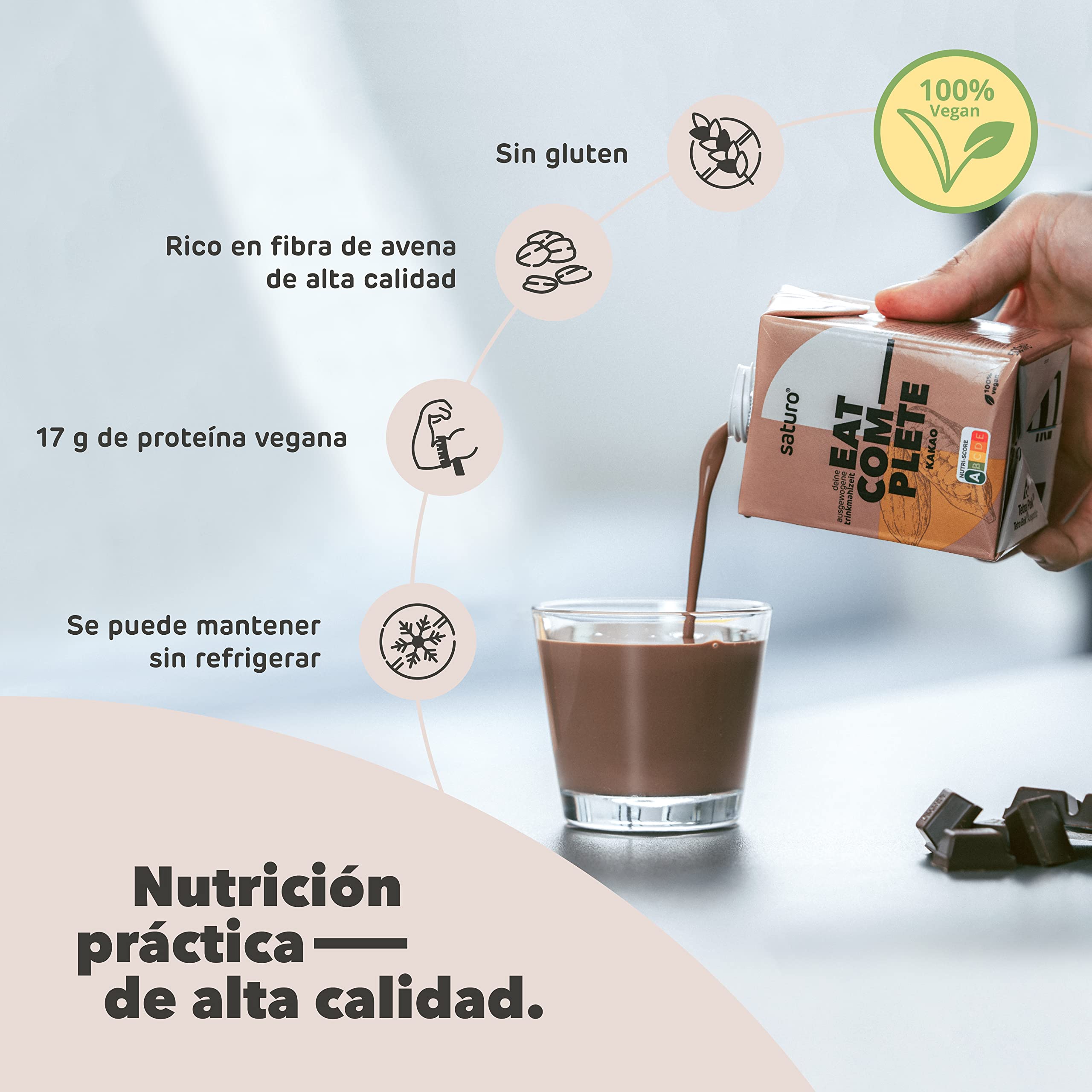 Saturo Batido de Chocolate Sustituto de Comida 500kcal Proteínas Vegano 6 x 500 ml
