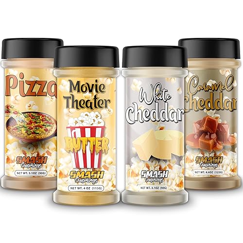Smash - Condimento "Popcorn", paquete de 4 unidades (Cheddar blanco, caramelo cheddar, mantequilla de cine, pizza)..