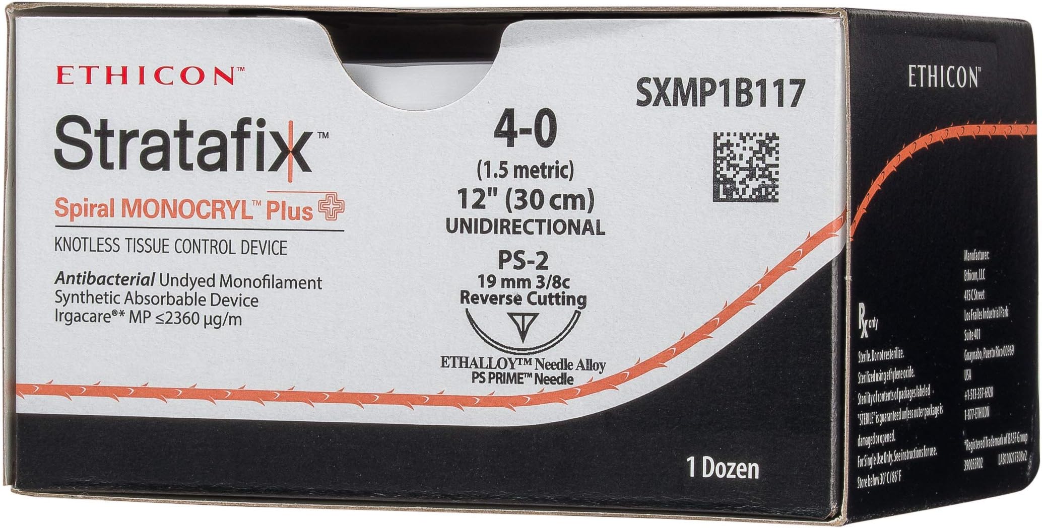 EthiconSTRATAFIX Spiral MONOCRYL Plus Knotless Tissue Control Device, SXMP1B117, Synthetic Absorbable, PS-2 (19 mm), 3/8 Circle Needle, Size 4-0, 12" (30 cm)
