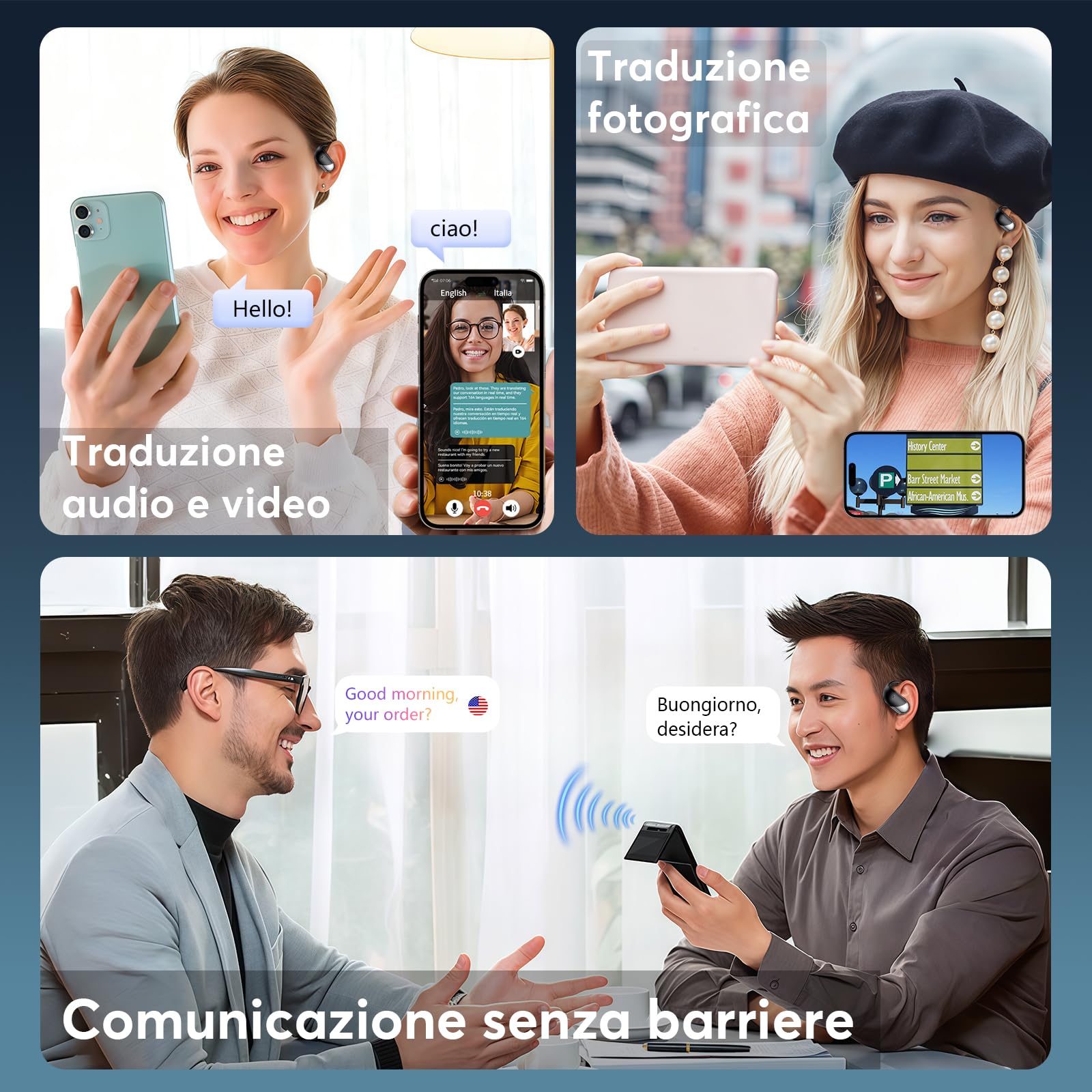 Paekole AI Cuffie Traduzione Simultanea, 2026 Auricolari Bluetooth 6.1 Wireless, 4 in1 Cuffie Traduzione Bluetooth 60 ore con ENC, 198 Lingue Auricolari Traduttori Istantanei Vocali Gratuite