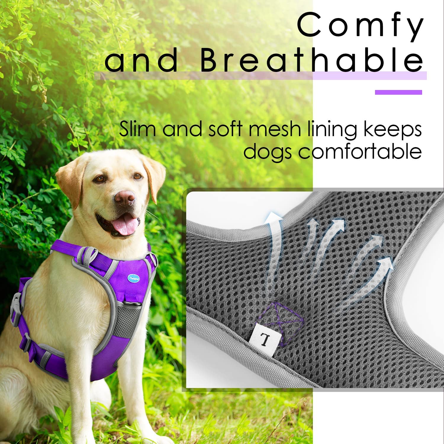 ThinkPet No Pull Harness Breathable Sport Harness with Handle-Dog Harnesses Reflective Adjustable for Medium Large Dogs,Back/Front Clip for Easy Control Neon Purple XL - Image 3