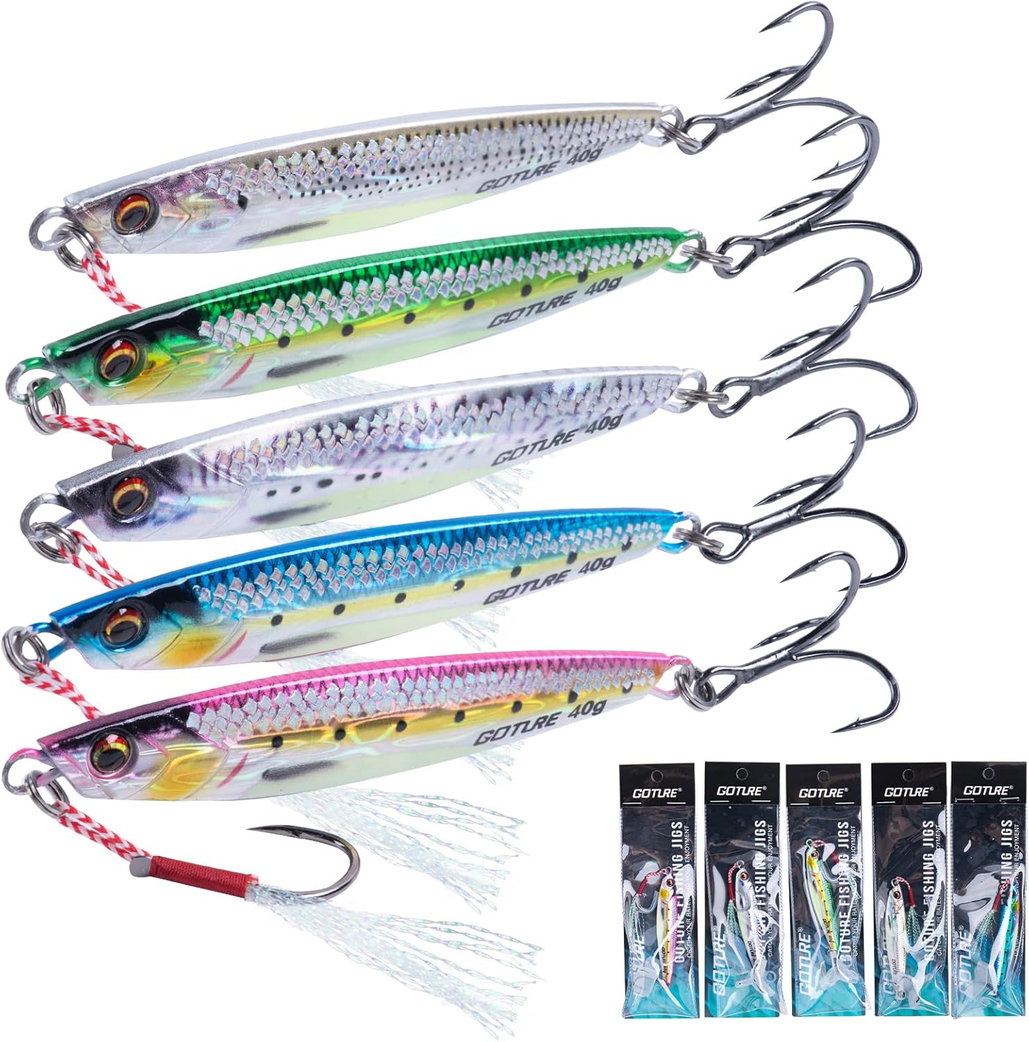 Goture Fishing Jigs, 40g 60g 80g Vertical Jig Saltwater Freshwater, Jig Fishing Lures with Assist Hook and Treble Hook, 5PCS Jigging Spoon Lures, Speed Fast Fall Jigs for Tuna,Salmon,Bass